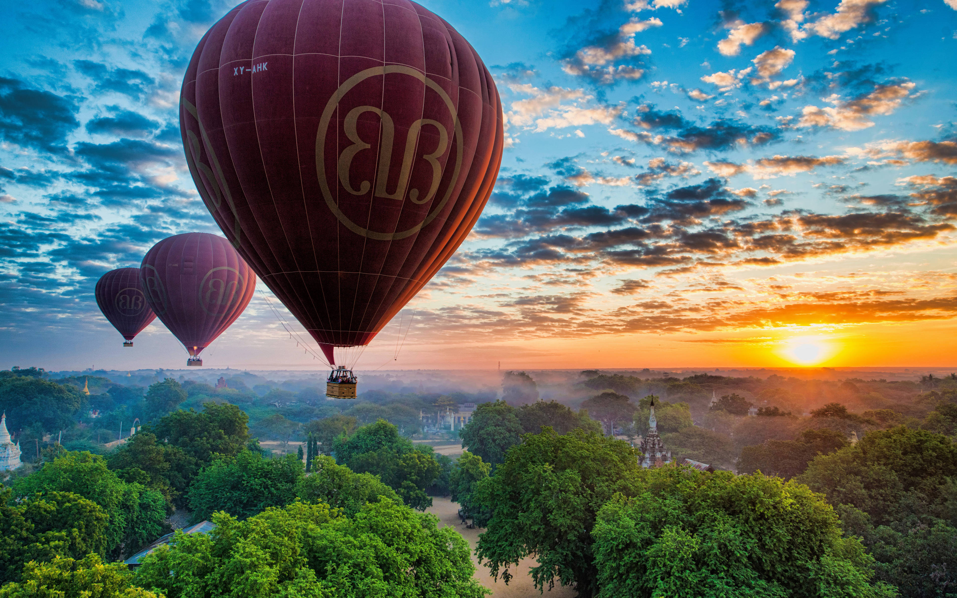 hot air balloon, maroon, lush green forest, 4K Desktop Wallpaper