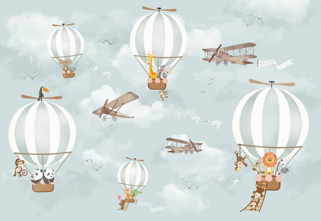striped hot air balloons, vintage biplanes, soft pastel sky, SD Desktop Wallpaper