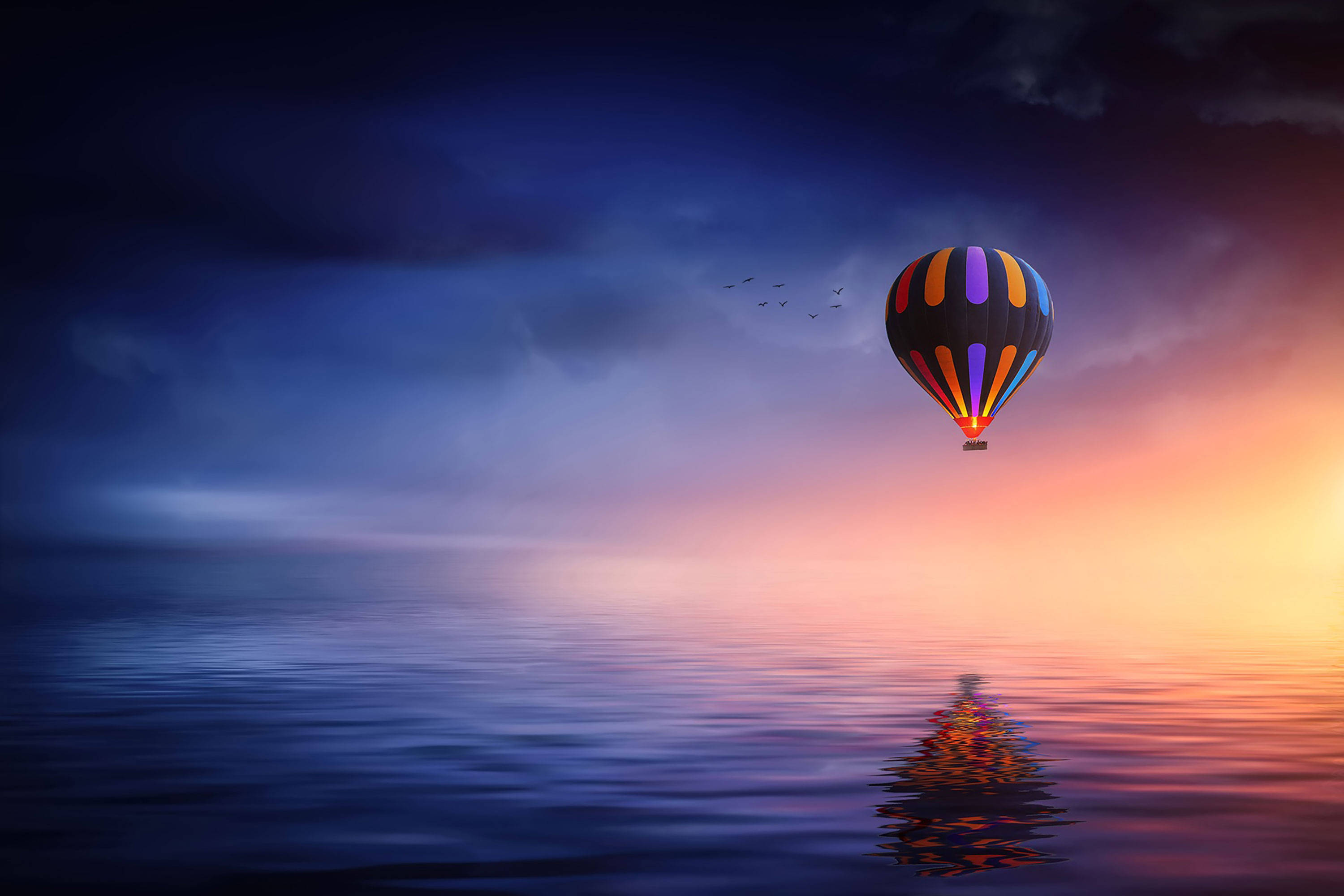 hot air balloon, calm water, sunset, 2K Desktop Wallpaper