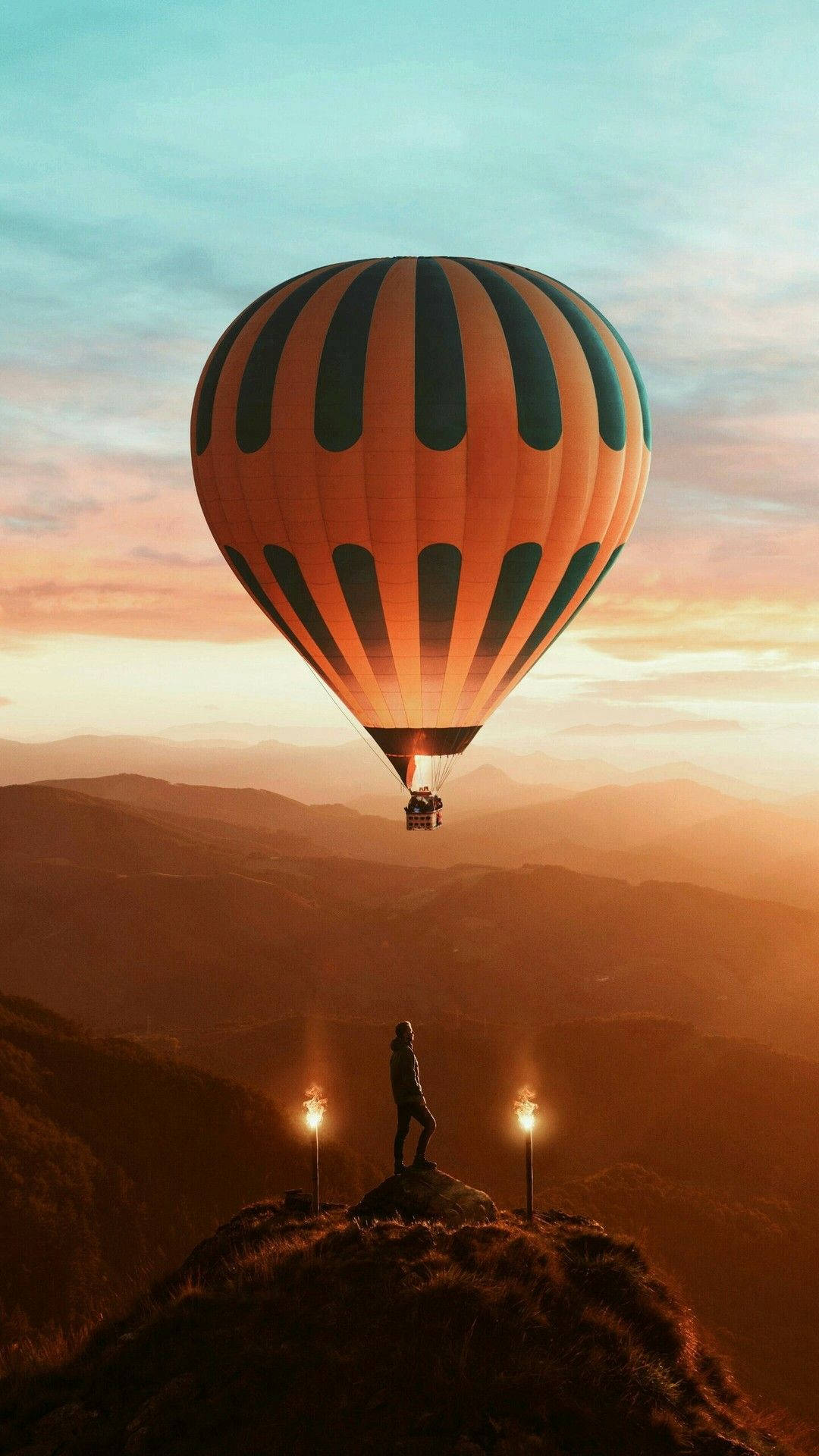 hot air balloon, orange and teal striped, sunset, Full HD Phone Wallpaper