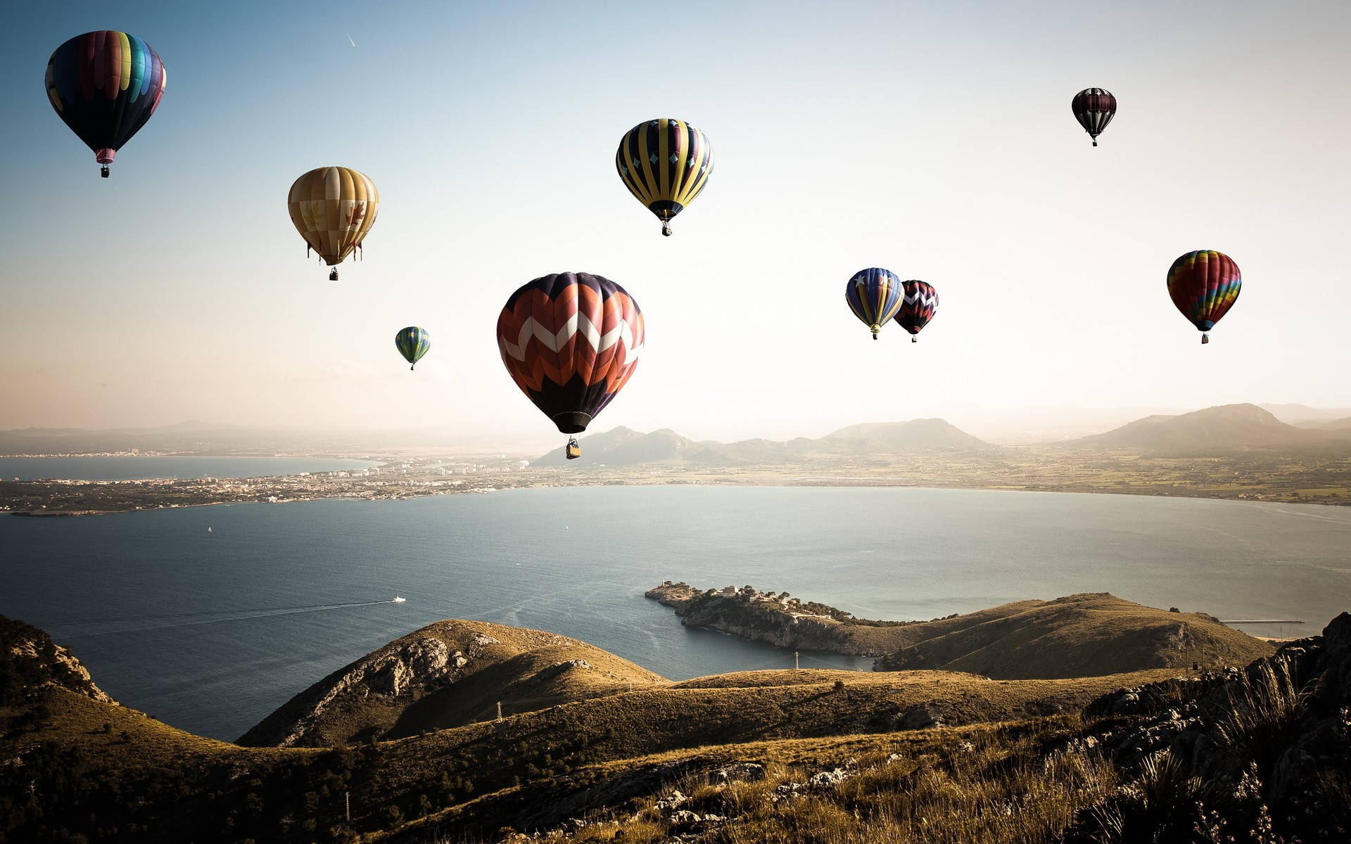 hot air balloon, vintage filter, coastal bay, Full HD Desktop Wallpaper