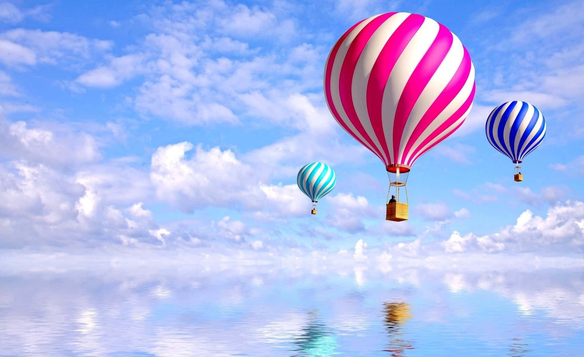 hot air balloons, striped, calm reflective lake, HD Desktop Wallpaper
