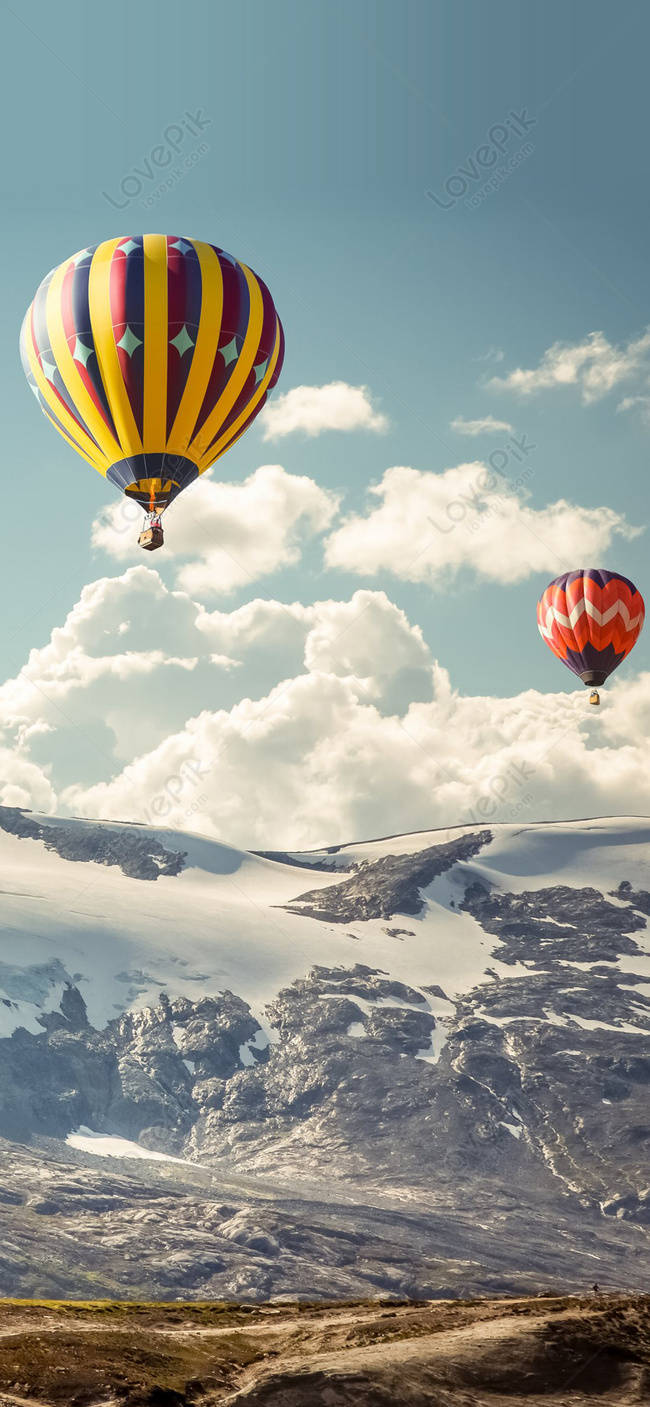 hot air balloons, snowy mountains, bright blue sky, HD Phone Wallpaper