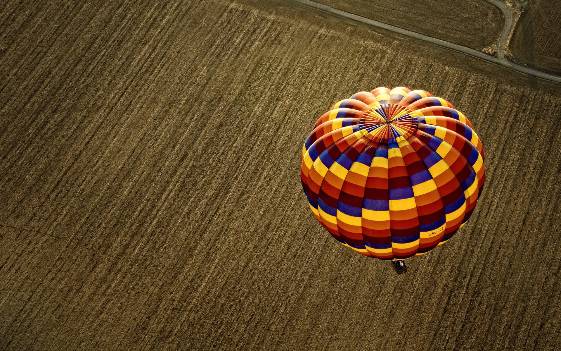 hot air balloon, red yellow and blue panels, textured brown field, Full HD Desktop Wallpaper