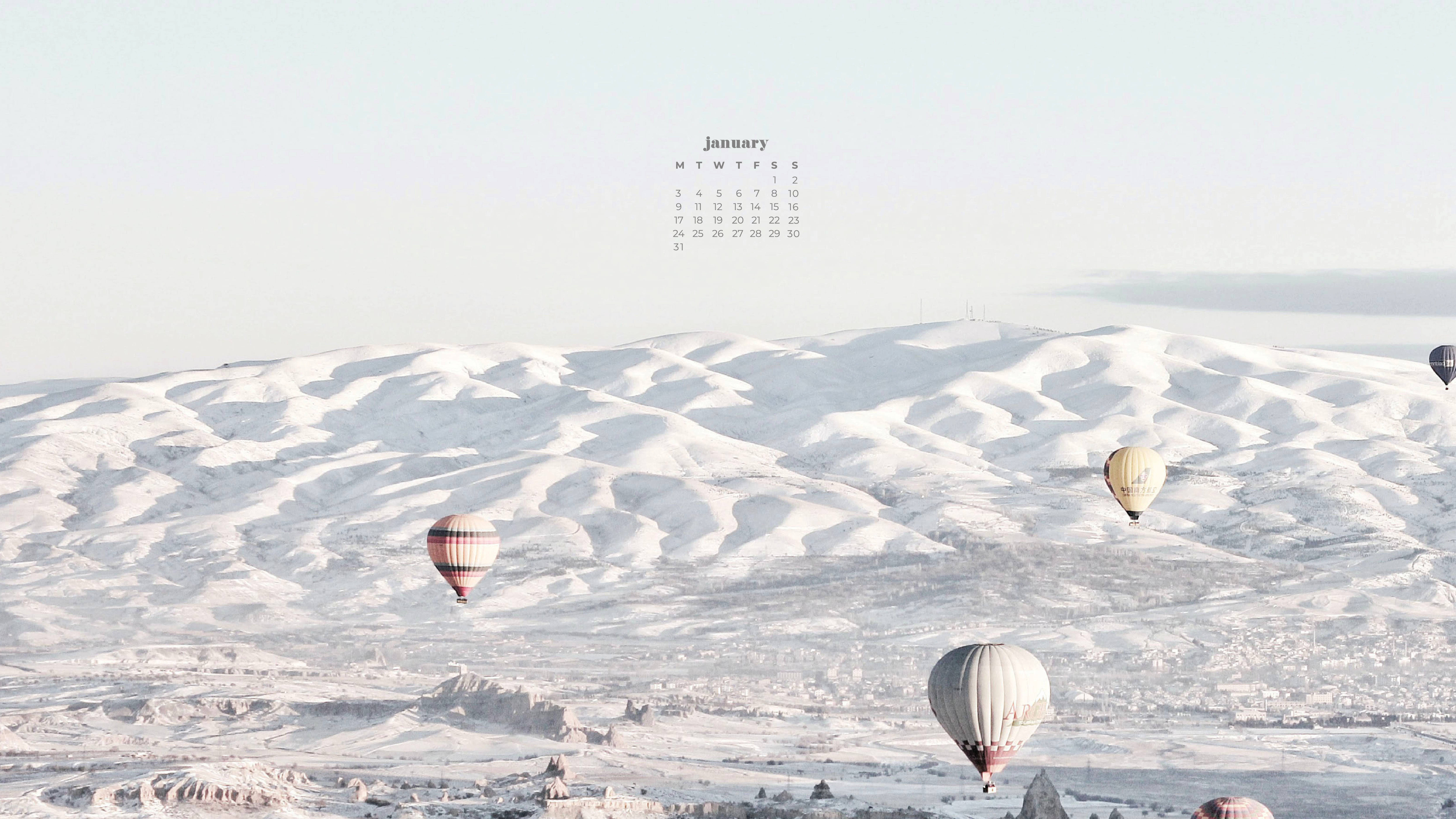 January 2022 calendar, hot air balloons, snow-covered rolling hills, 5K Desktop Wallpaper