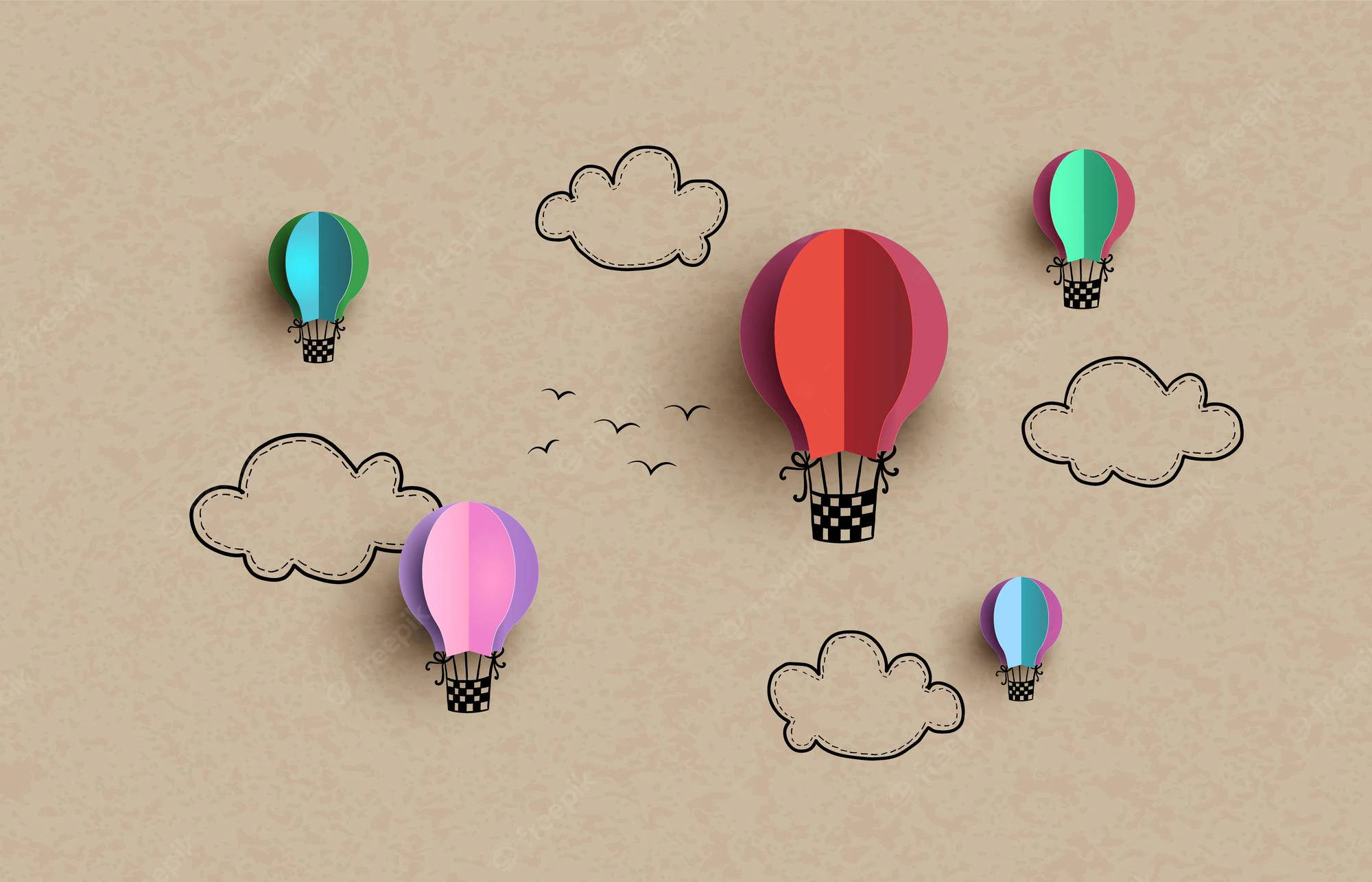 hot air balloon, paper-cut style, hand-drawn clouds, Full HD Desktop Wallpaper