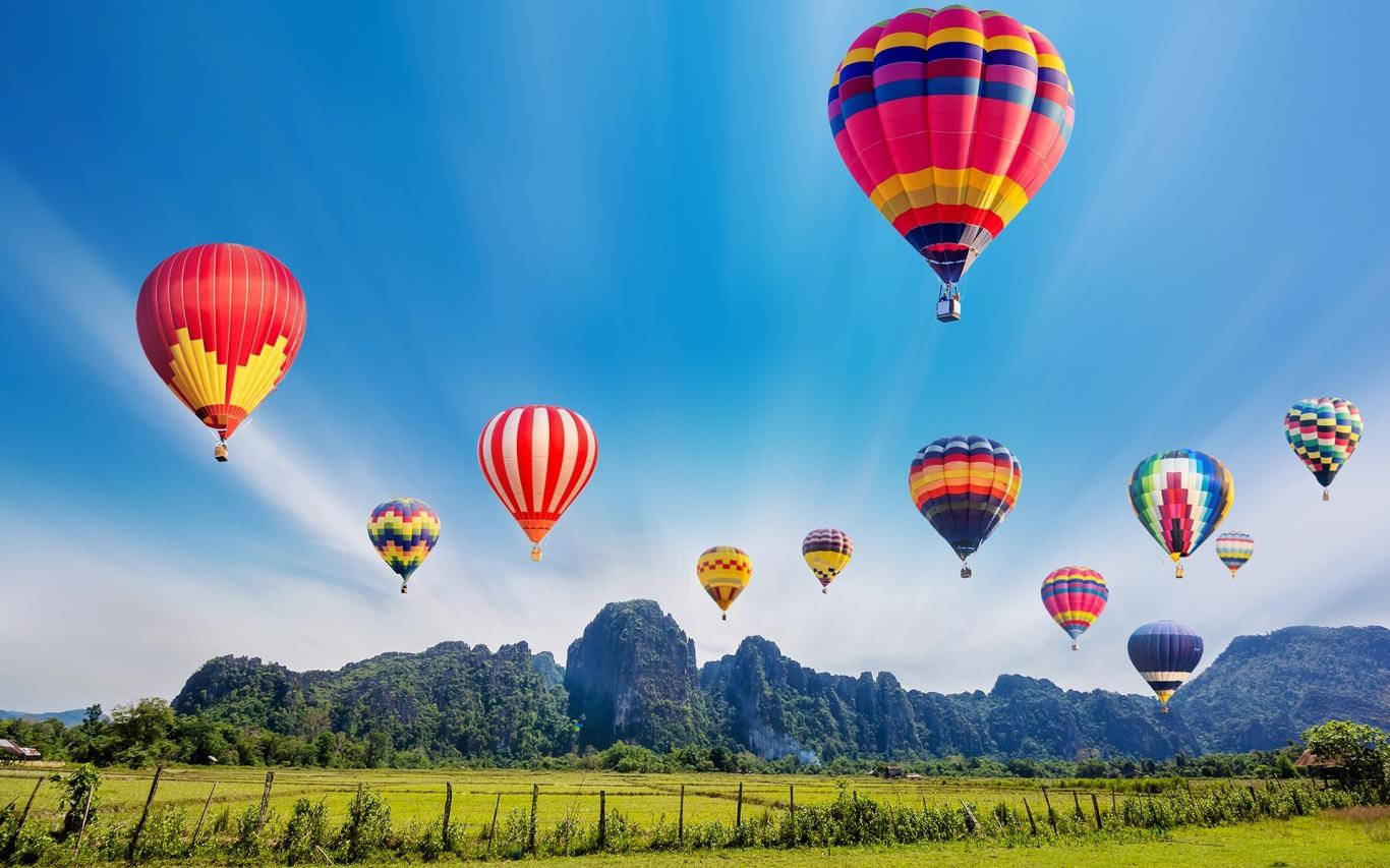 hot air balloon, crop field, clear blue sky, HD Desktop Wallpaper
