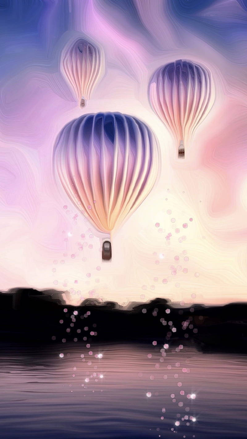 hot air balloon, pink gradient, twilight lake, HD Phone Wallpaper