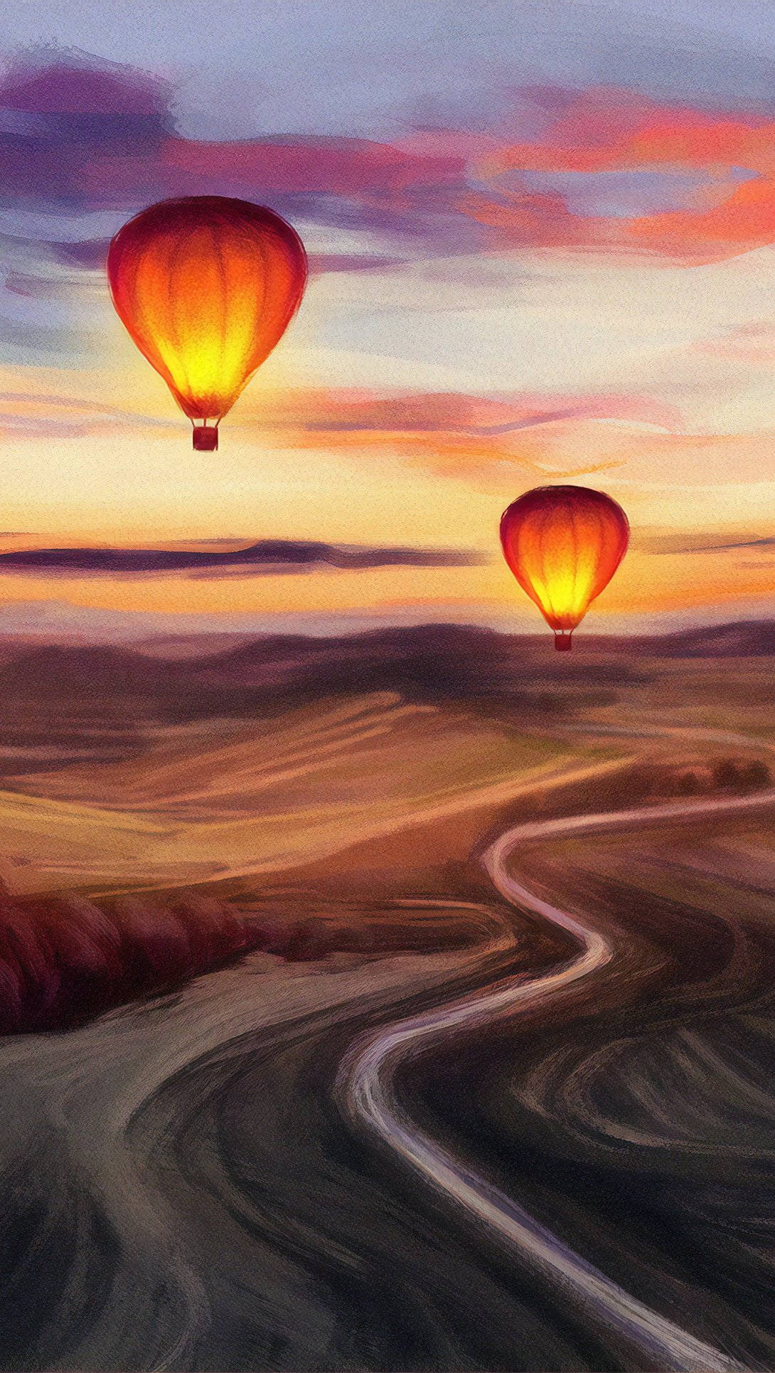 hot air balloon, winding road, sunset, Full HD Phone Wallpaper