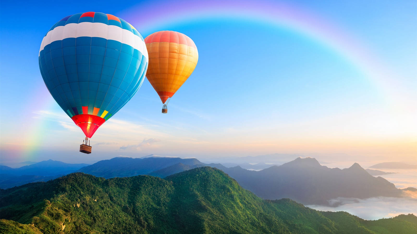 hot air balloon, rainbow, mountain, HD Desktop Wallpaper