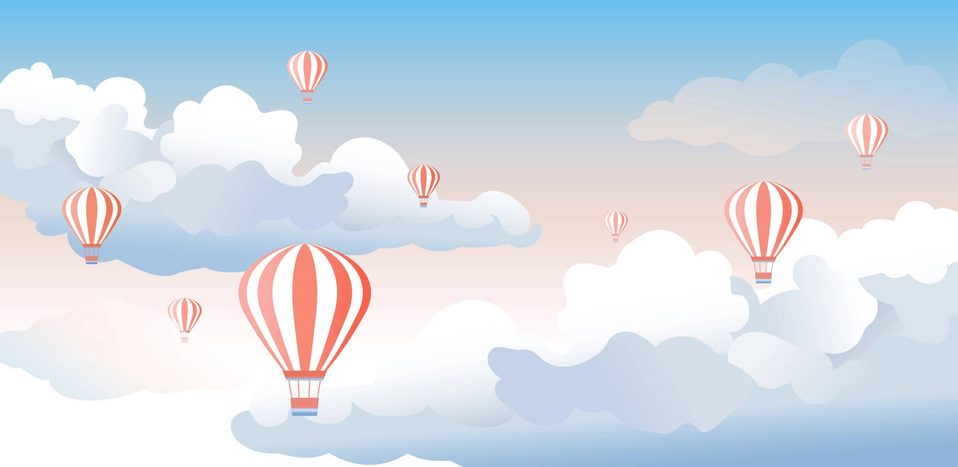 red hot air balloon, red and white striped, soft pastel clouds, Full HD Desktop Wallpaper
