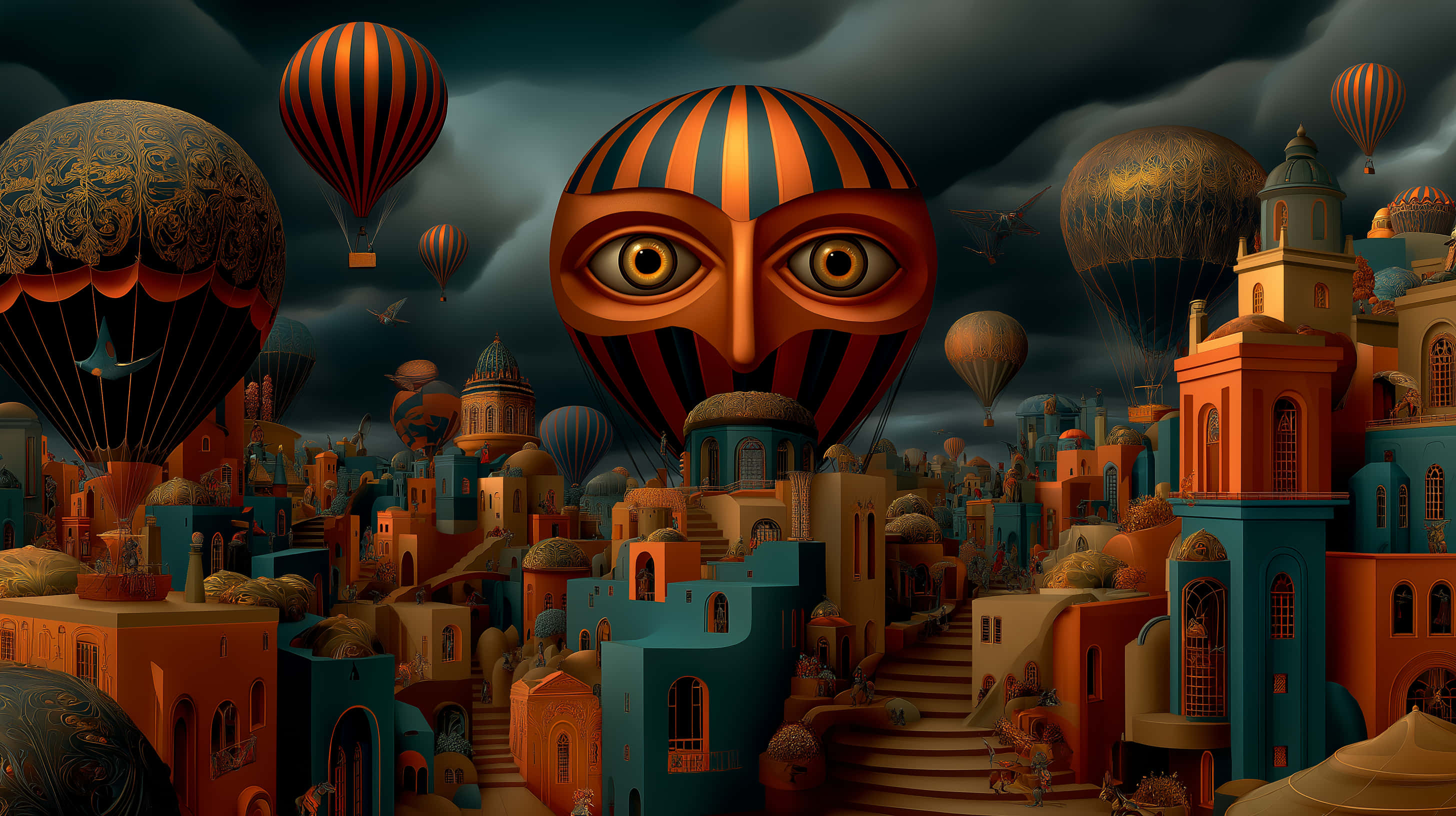 dreamlike landscape, whimsical city, giant striped hot air balloons, 2K Desktop Wallpaper