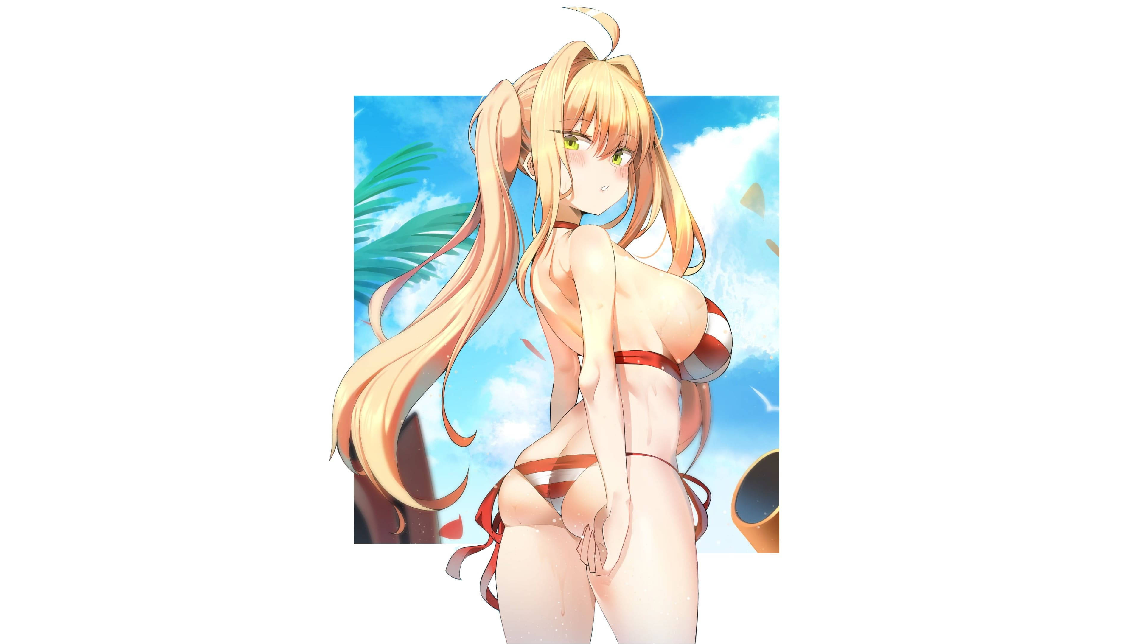 anime girl, long blonde pigtails, red bikini, 4K Desktop Wallpaper