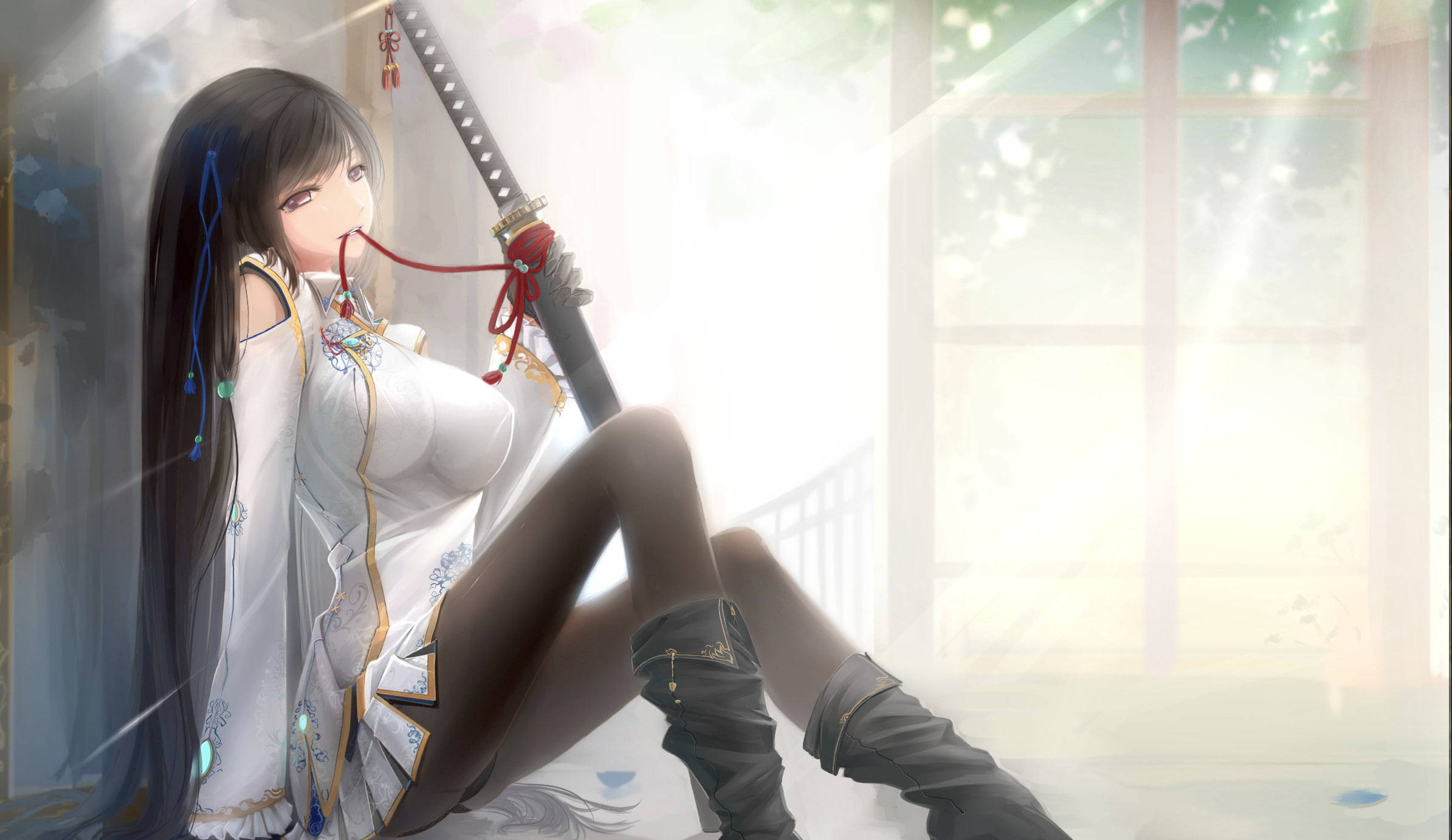anime girl, white traditional attire, katana, Full HD Desktop Wallpaper