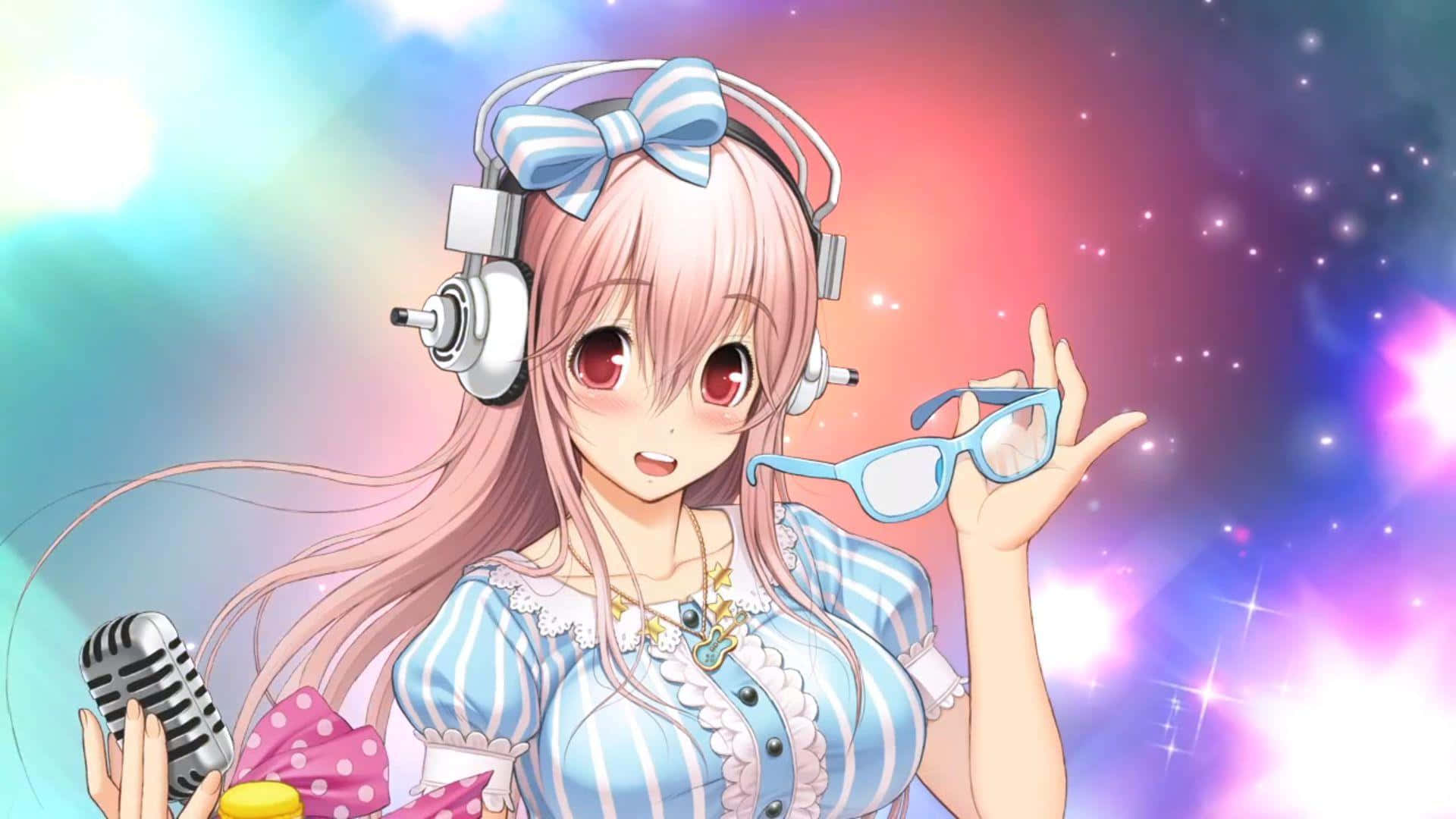 Cutecore Music Star Anime Girl, pink hair, red eyes, Full HD Desktop Wallpaper