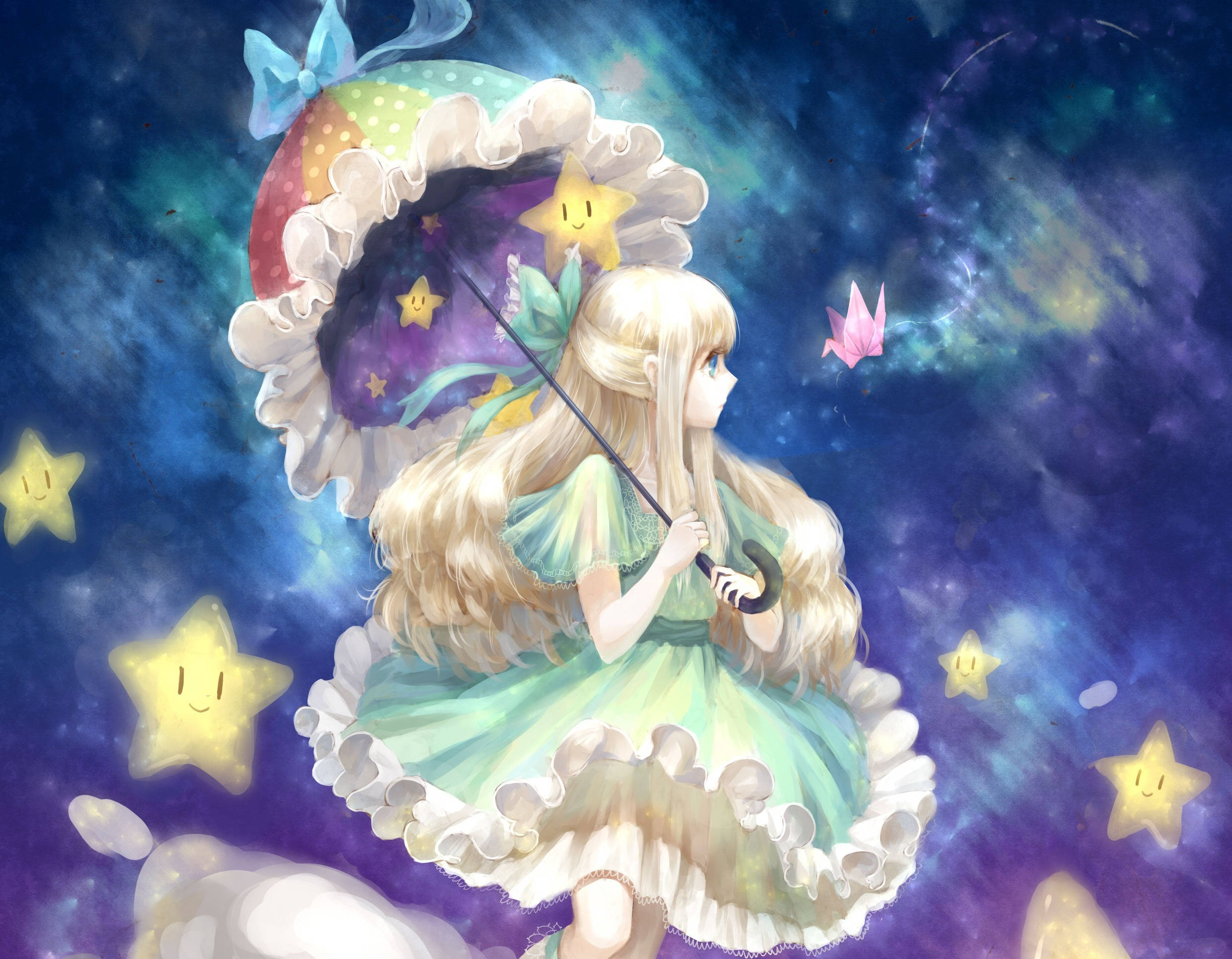 blonde anime girl, frilly green dress, rainbow umbrella, Full HD Desktop Wallpaper