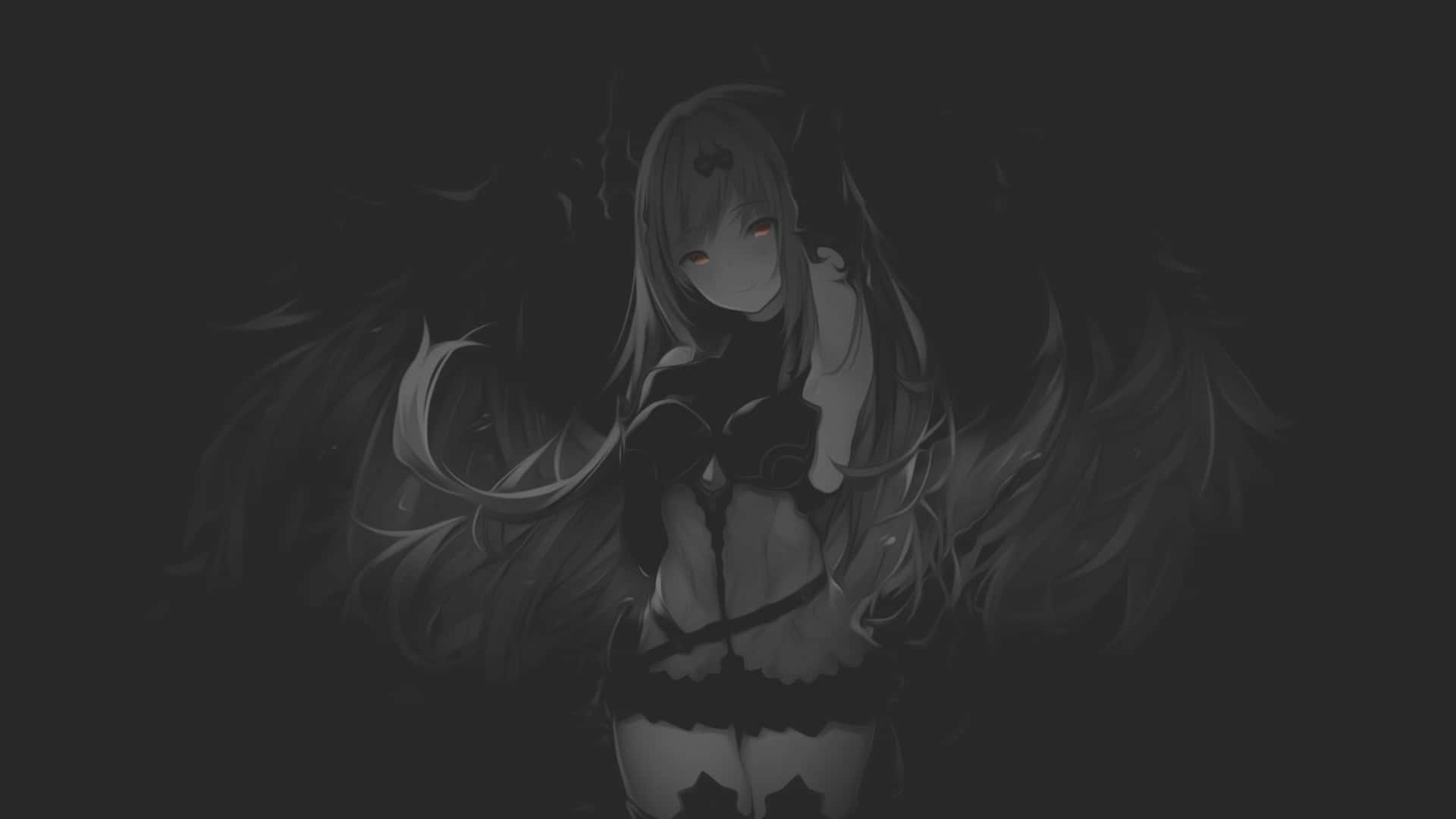 dark anime girl, glowing red eyes, large feathered wings, Full HD Desktop Wallpaper