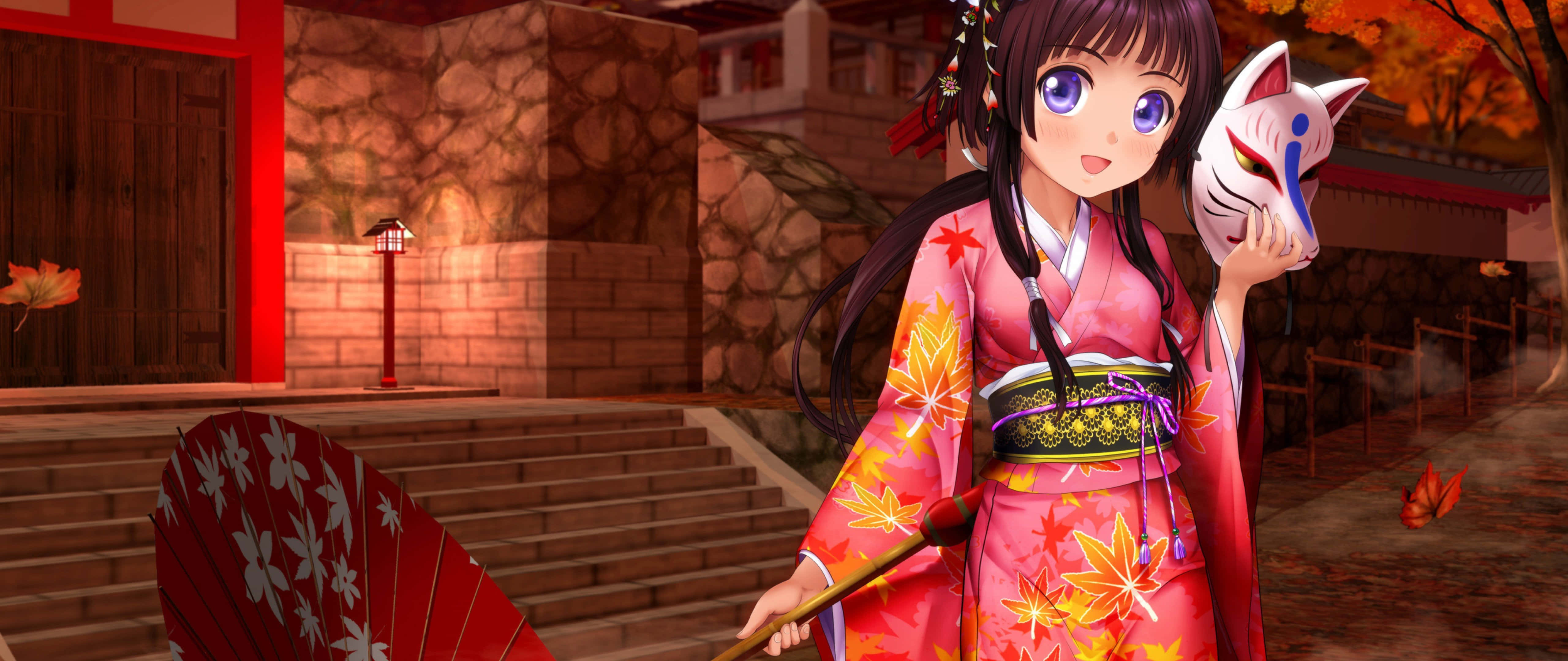 anime girl, pink kimono, fox mask, 5K Desktop Wallpaper