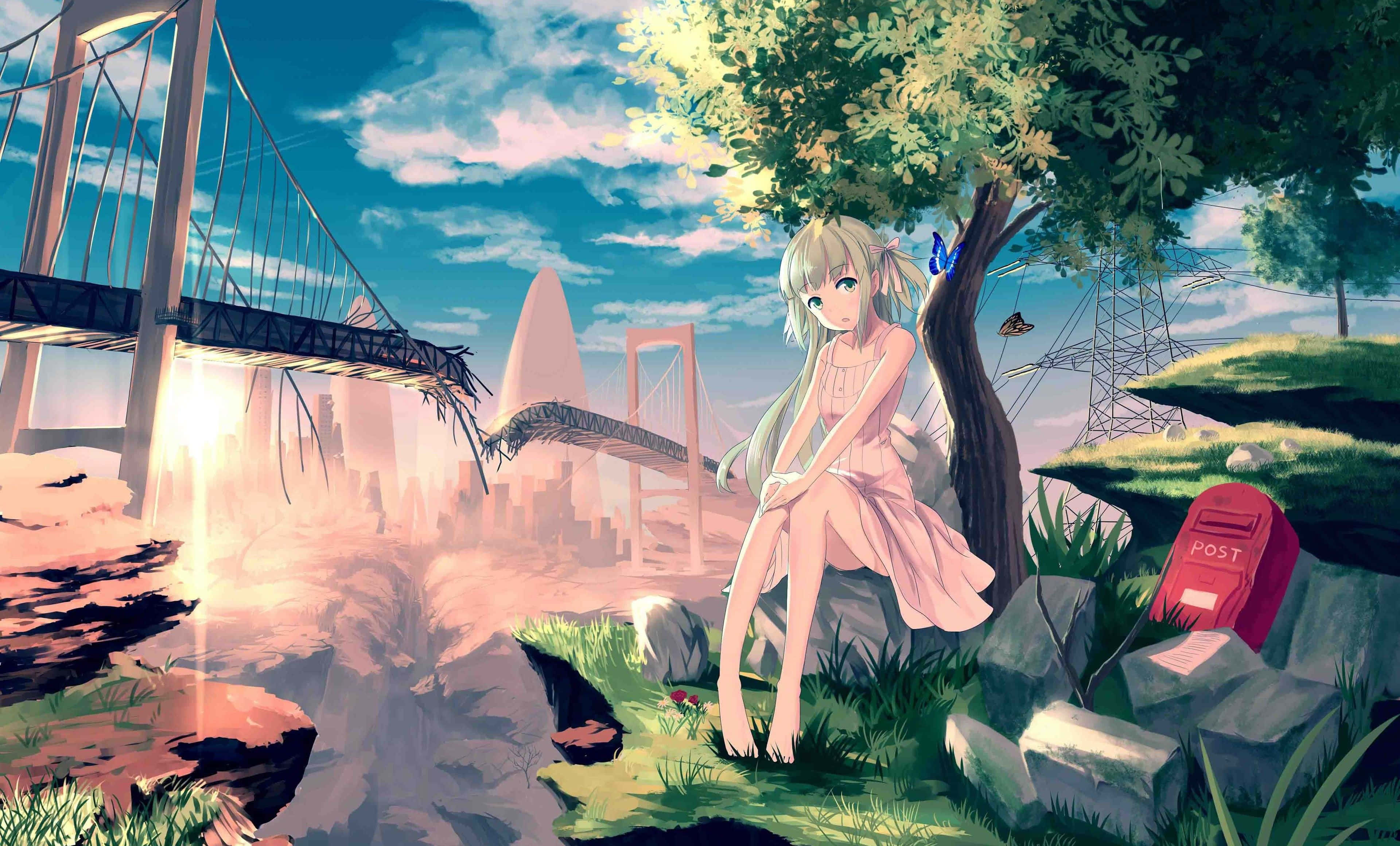 anime girl, pink dress, red mailbox, 4K Desktop Wallpaper