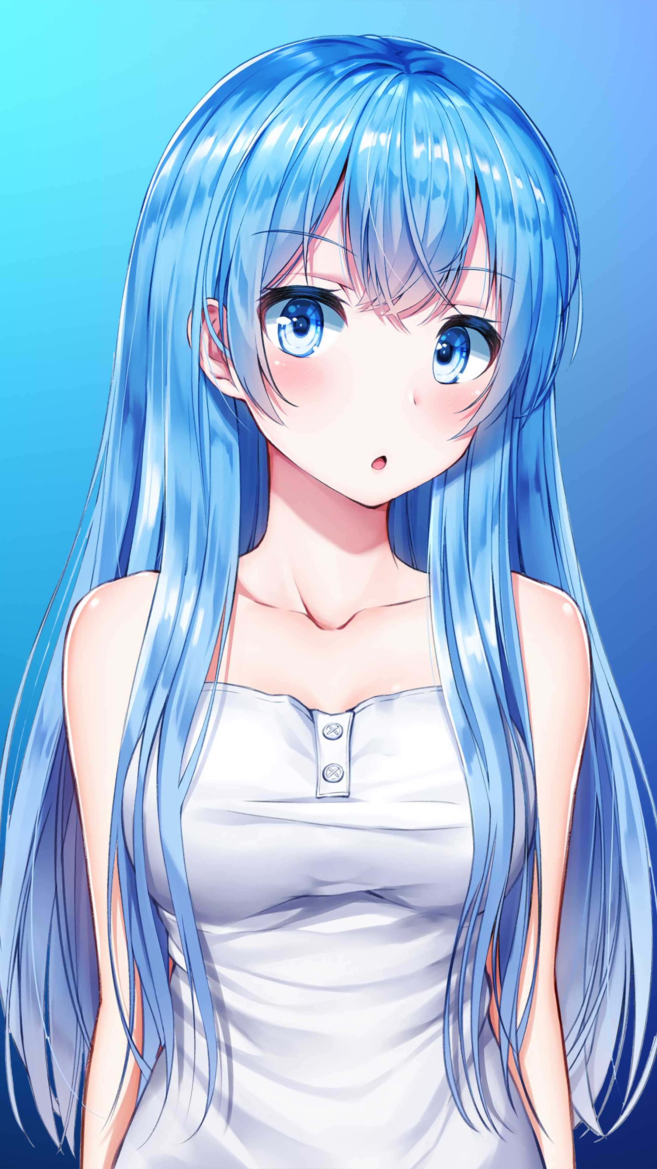 blue-haired anime girl, wide eyes, white top, 4K Phone Wallpaper
