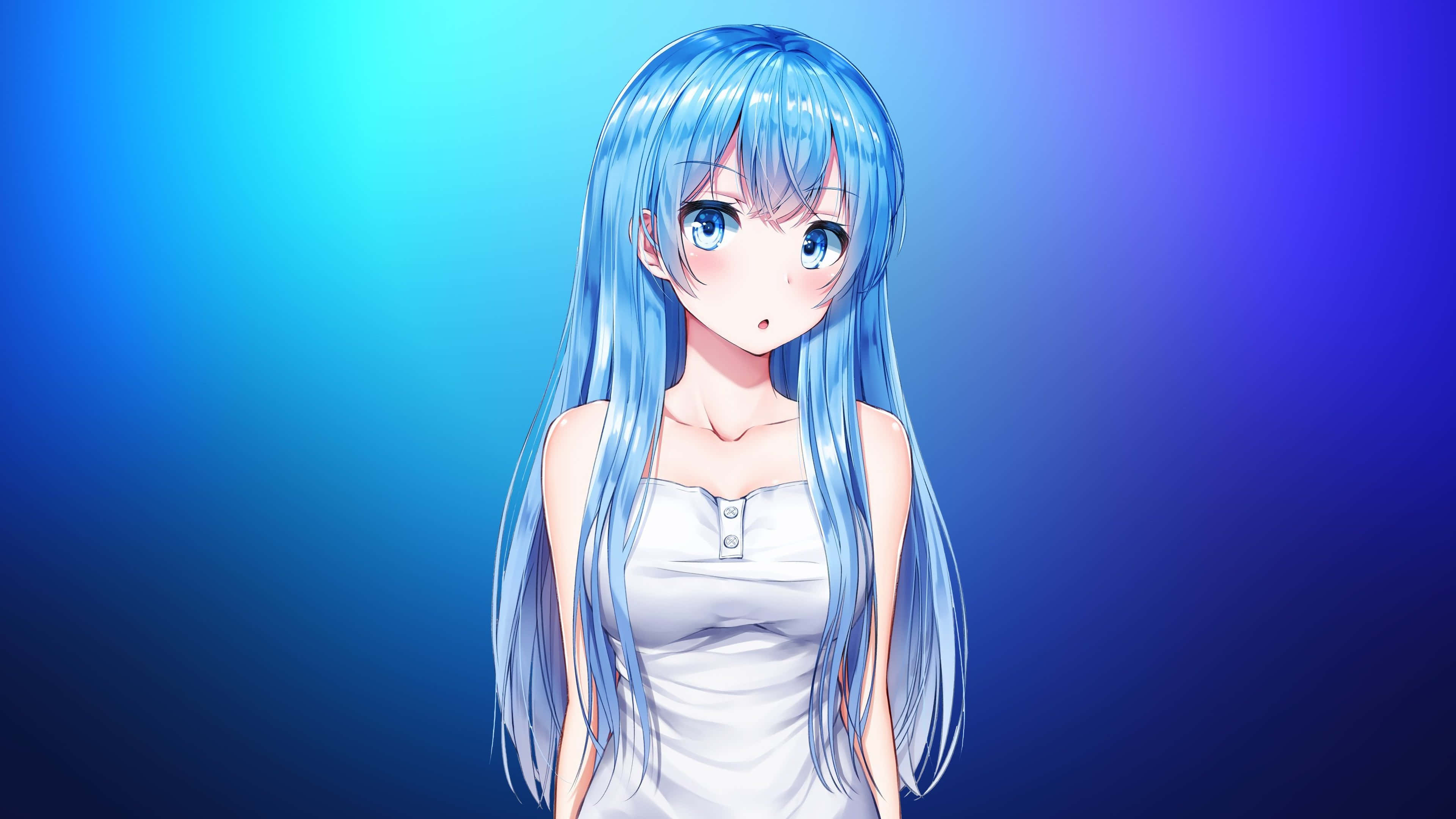 blue-haired anime girl, white top, gradient blue background, 4K Desktop Wallpaper