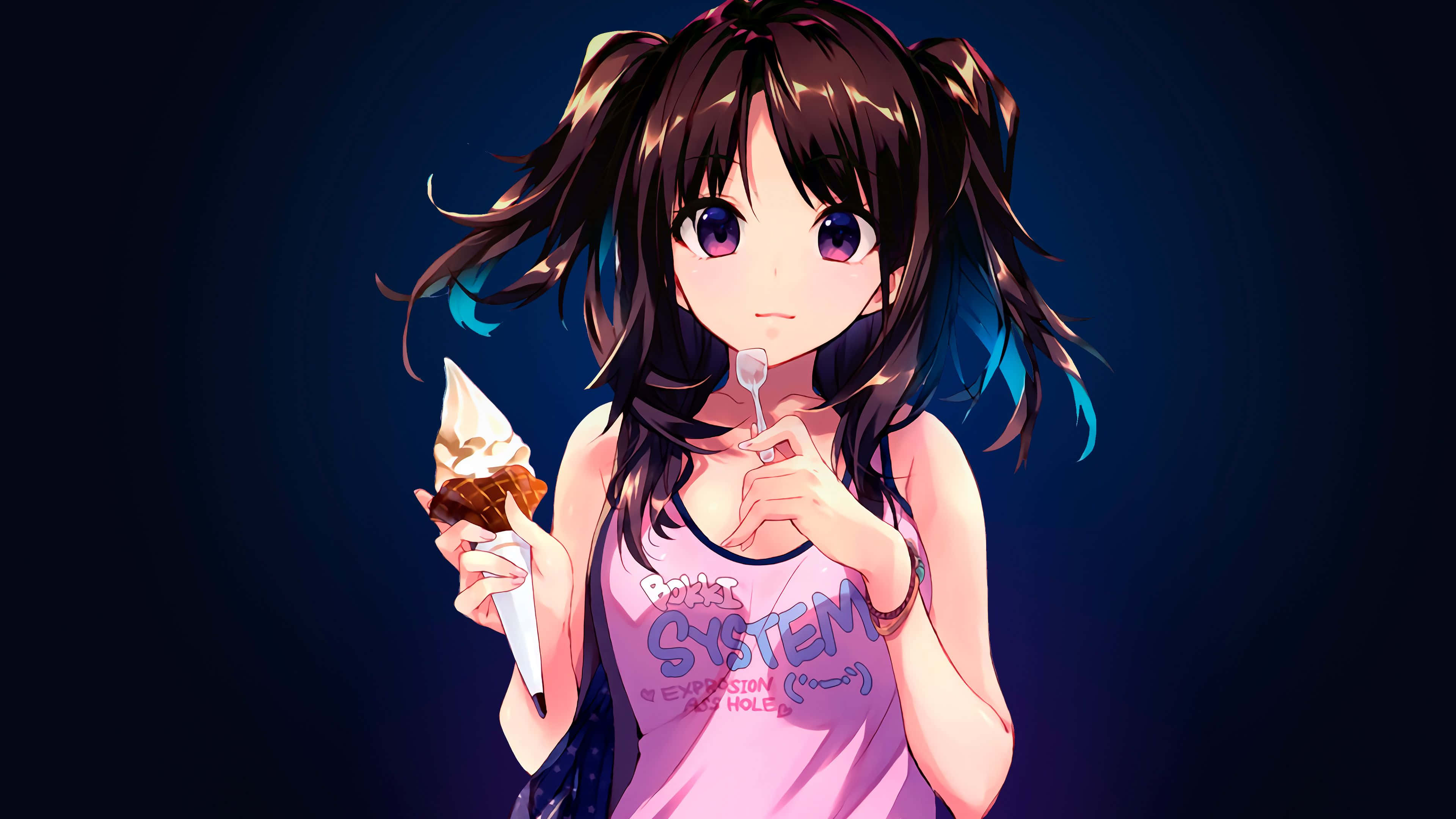 anime girl, dark hair, purple eyes, 4K Desktop Wallpaper