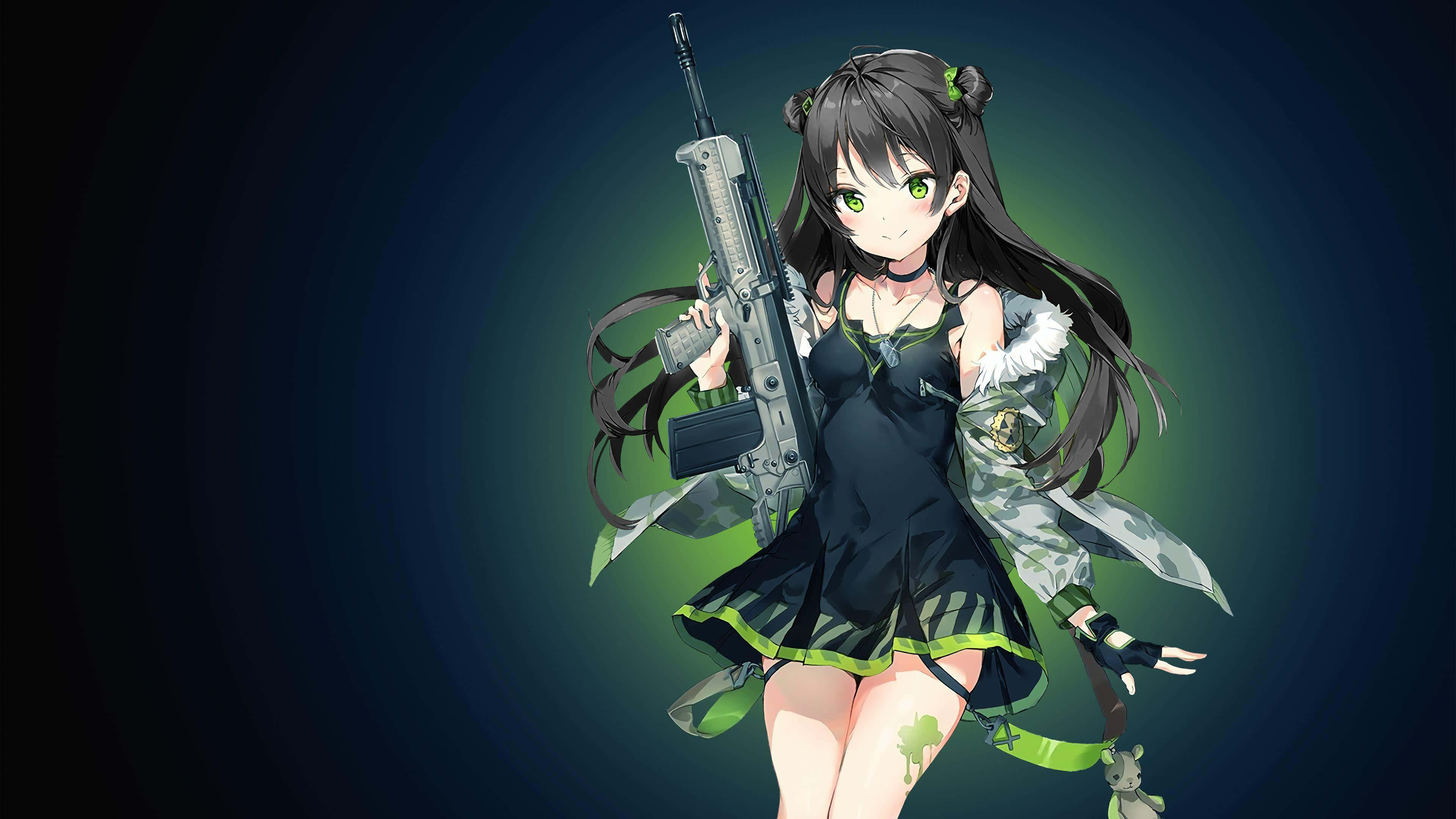 Anime Girlwith Gun, green eyes, dark hair, 4K Desktop Wallpaper