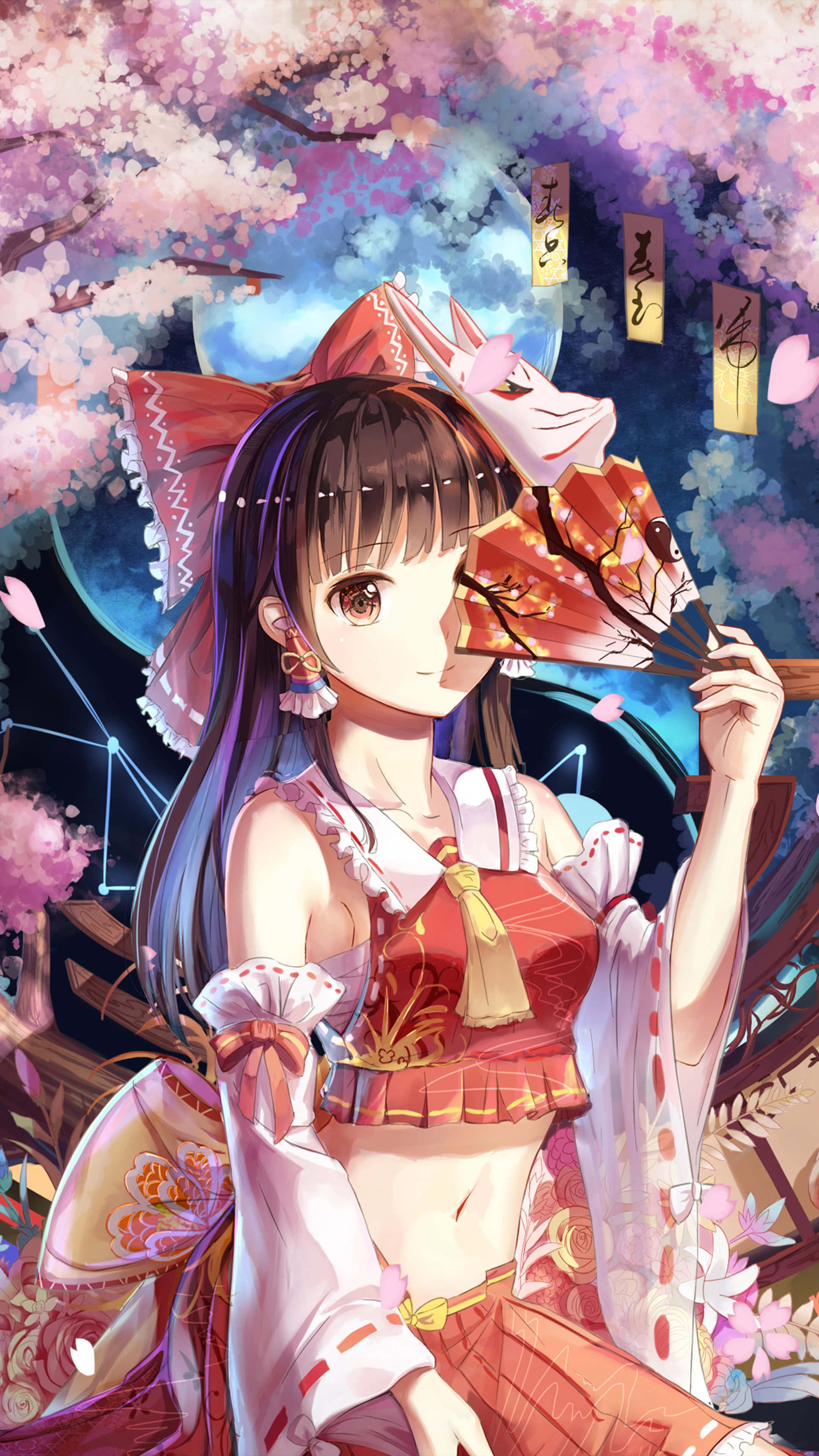 anime girl, red and white kimono, fox mask fan, 4K Phone Wallpaper