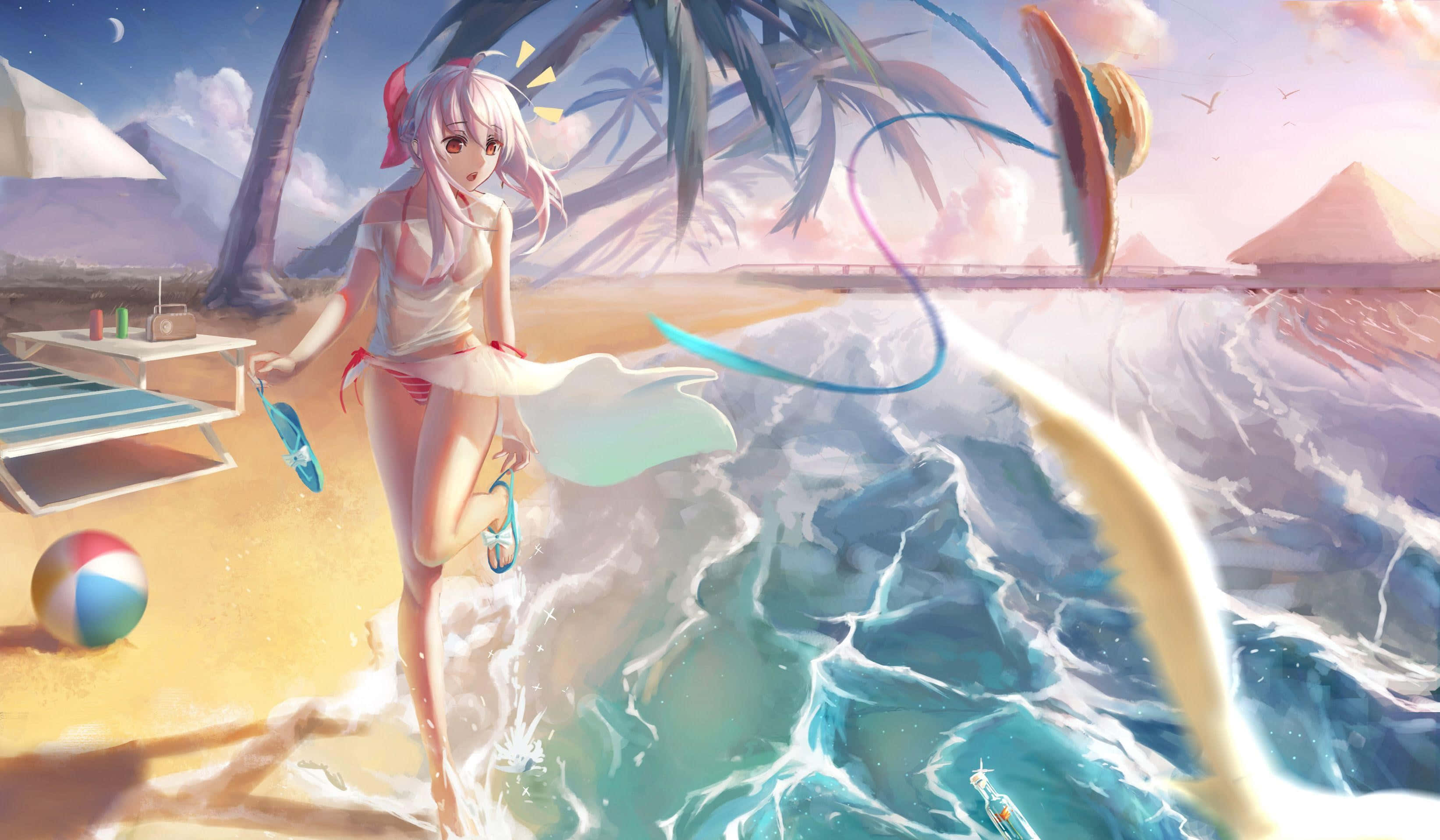 Anime girl, bikini, beach edge, 2K Desktop Wallpaper