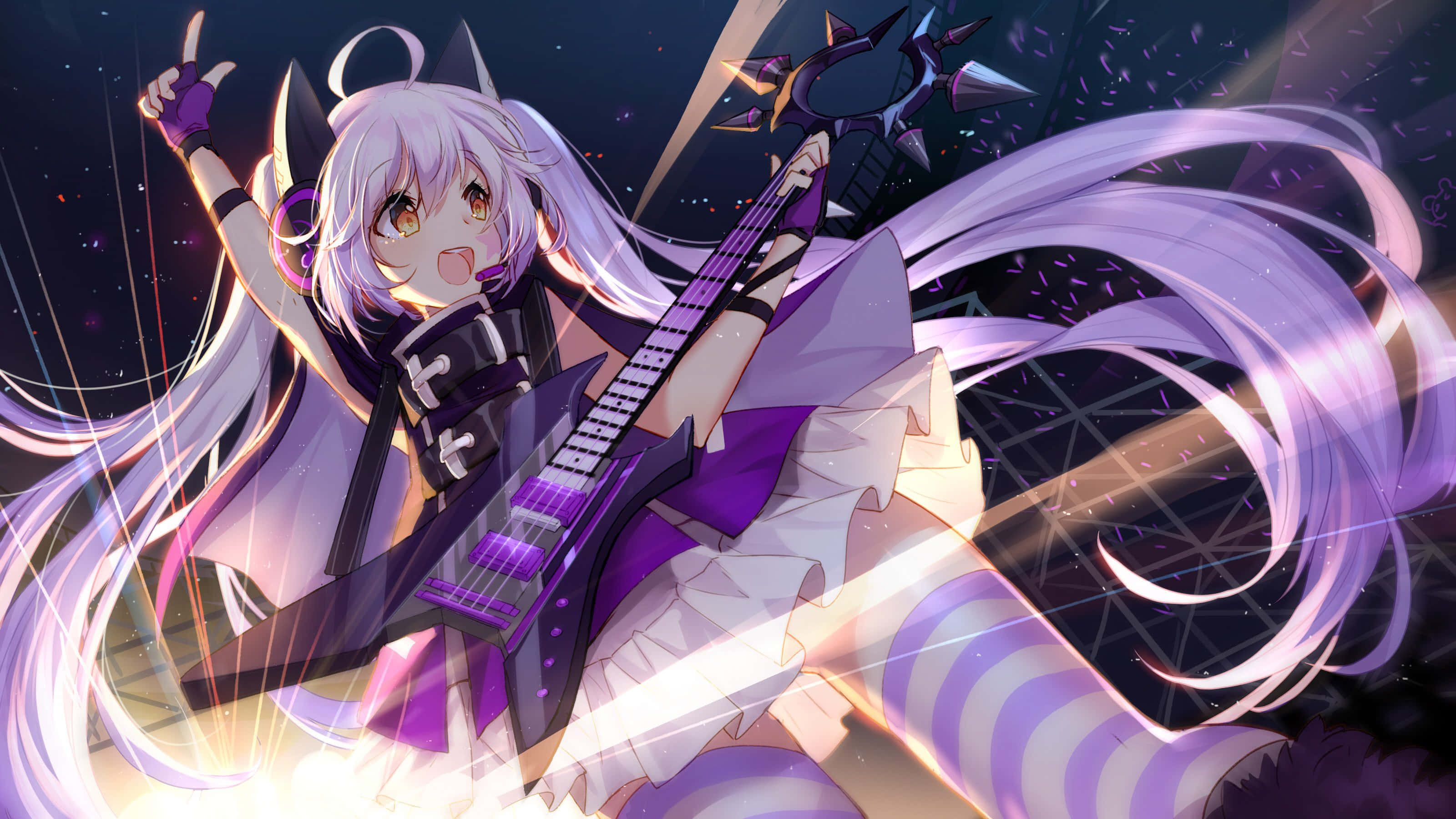 anime guitarist girl, starry night, long white hair, 2K Desktop Wallpaper