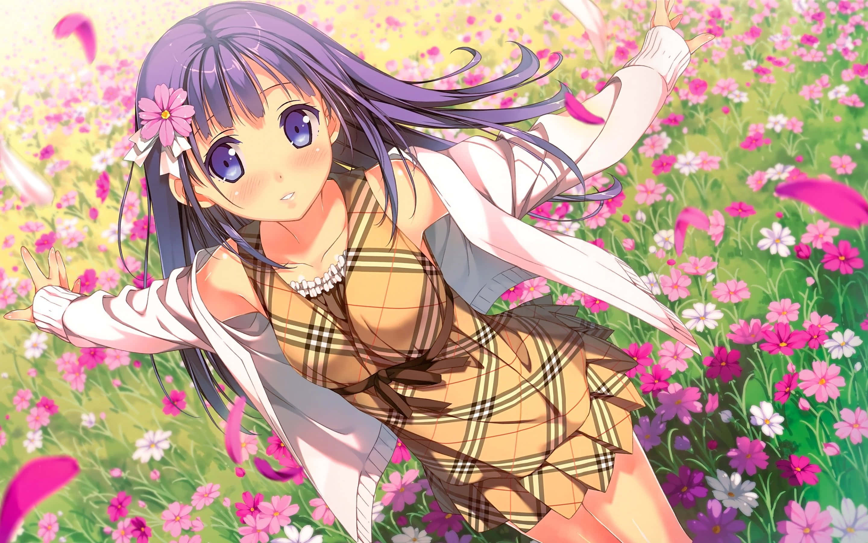 anime girl, purple hair, blue eyes, 2K Desktop Wallpaper