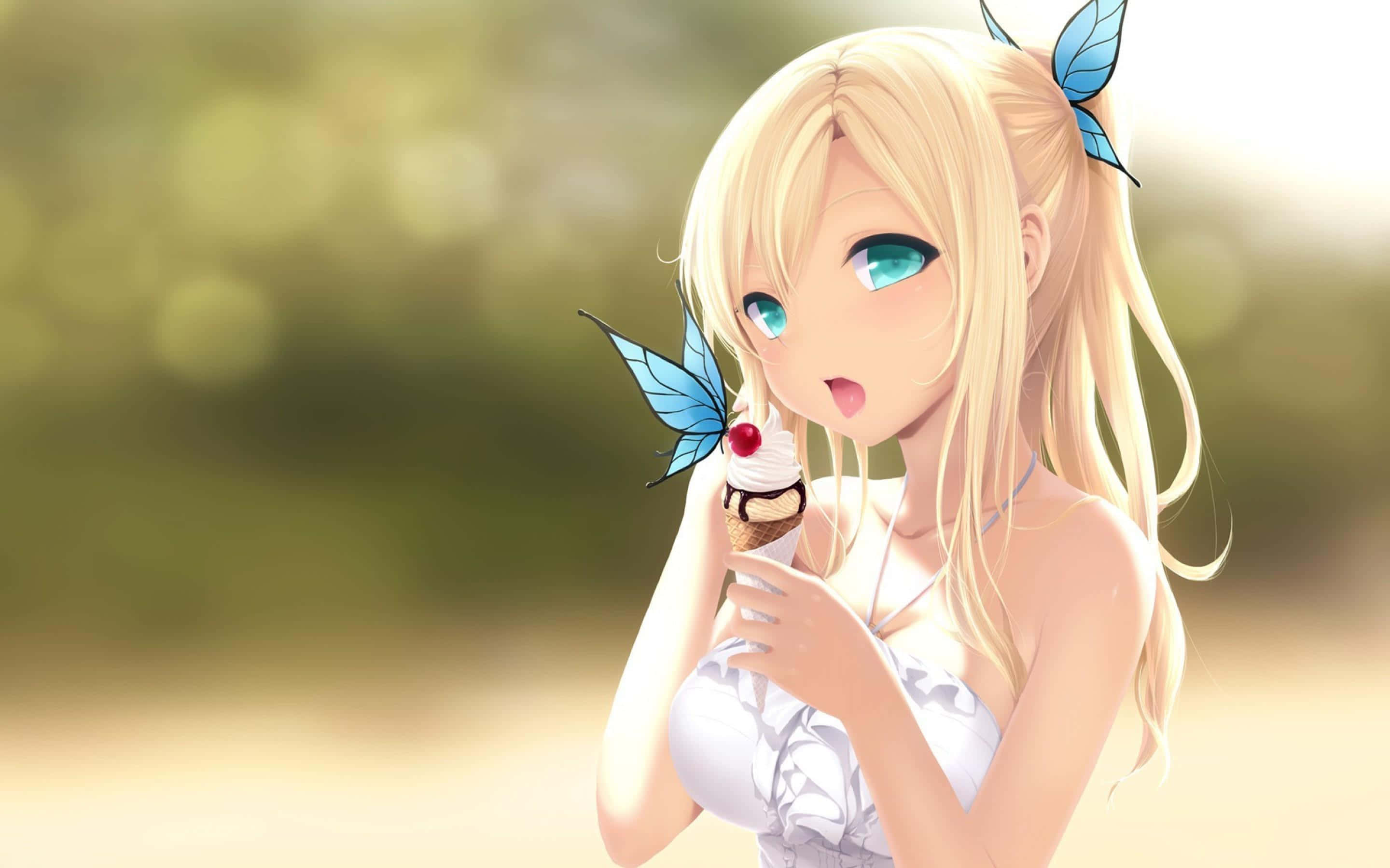 blonde anime girl, blue butterfly wings, ice cream cone, 2K Desktop Wallpaper
