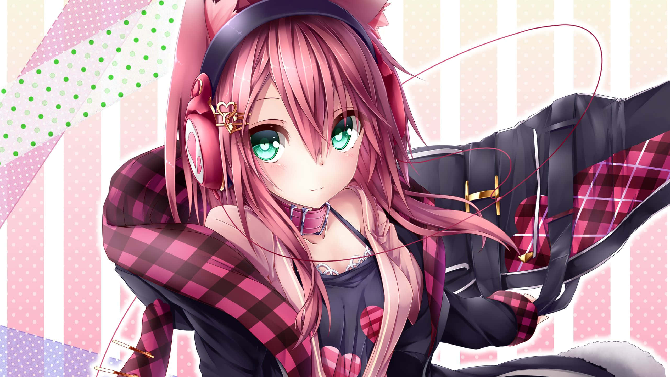 anime girl, pink hair, green eyes, 2K Desktop Wallpaper