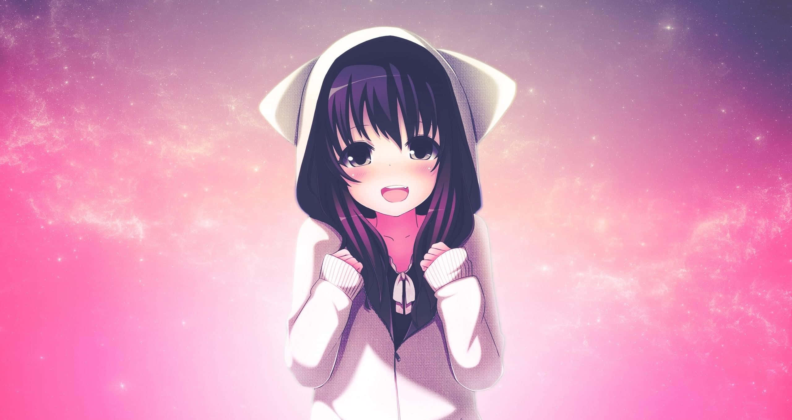 anime girl, white hoodie, cat ears, 2K Desktop Wallpaper