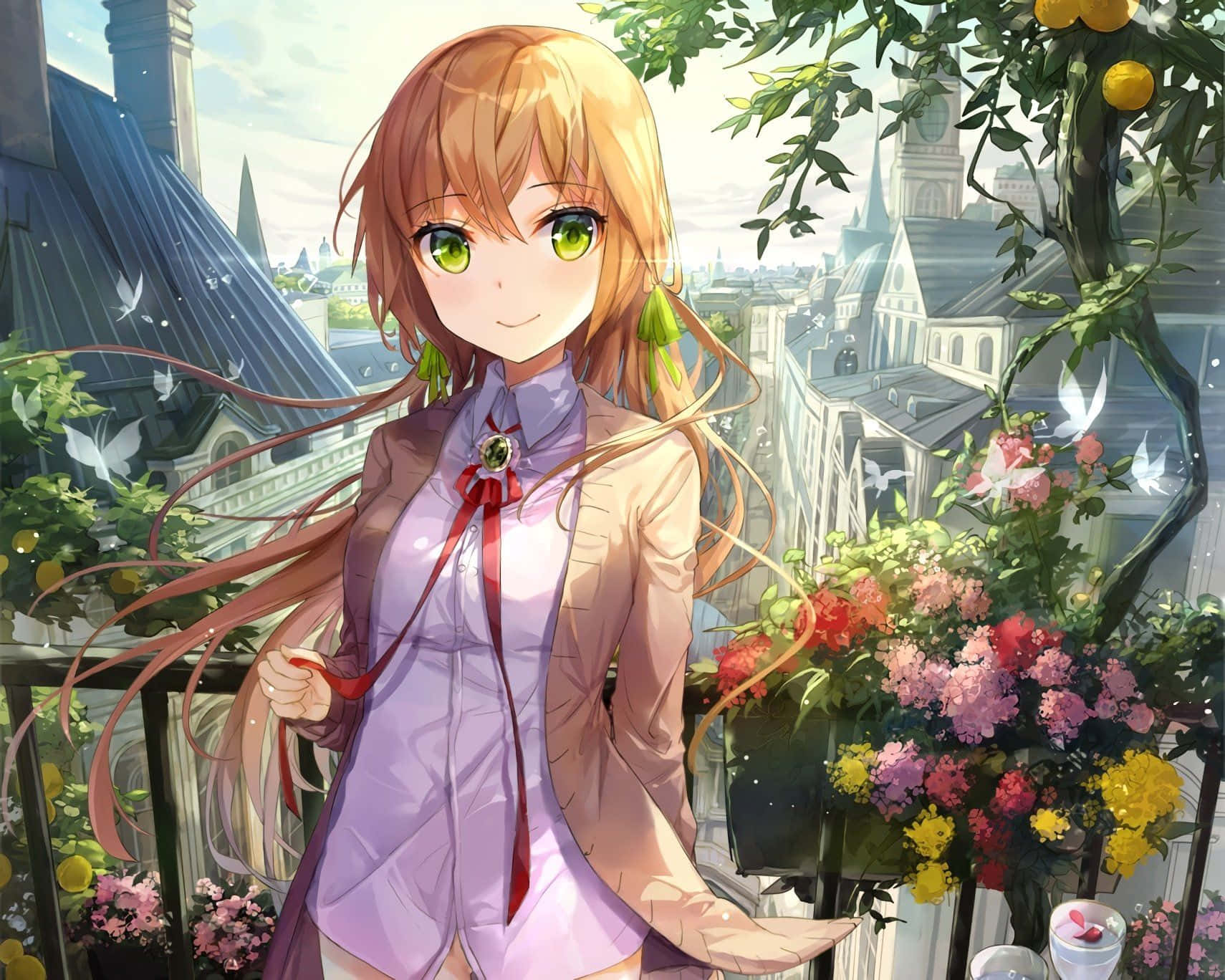 anime girl, green eyes, orange hair, HD Desktop Wallpaper