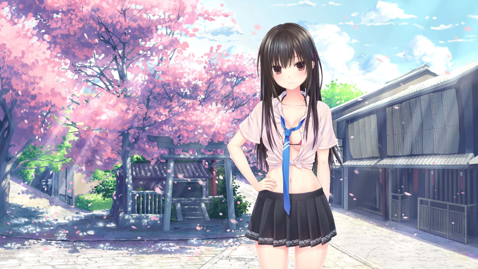 anime girl, school uniform, cherry trees, Full HD Desktop Wallpaper