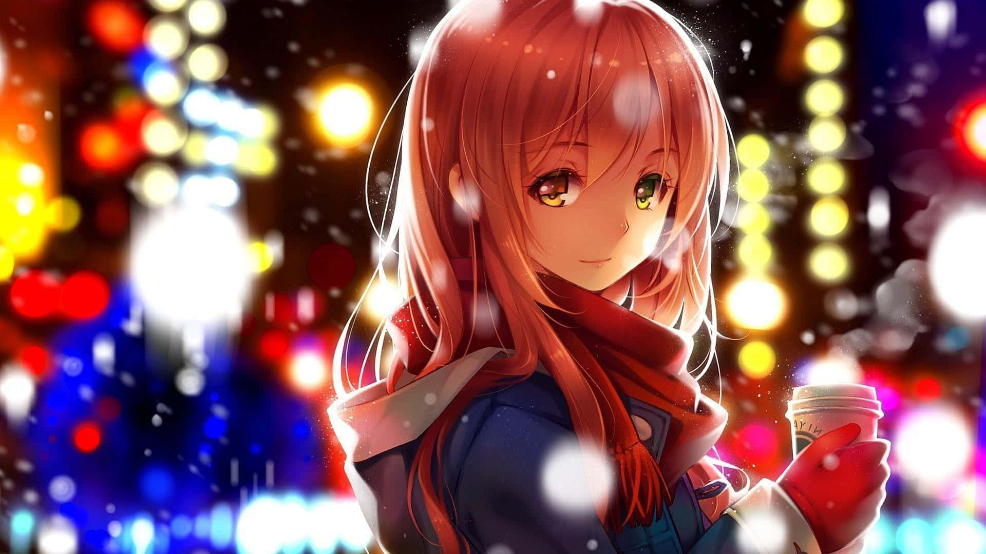 anime girl, red hair, green eyes, Full HD Desktop Wallpaper