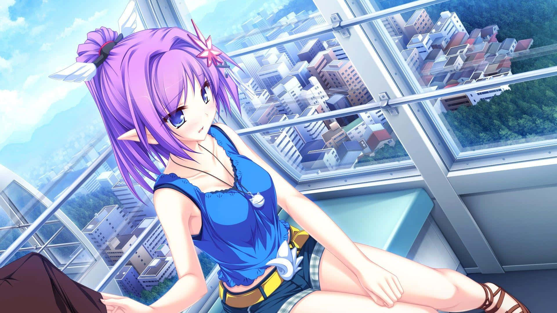 purple-haired anime girl, elf ears, windowsill, Full HD Desktop Wallpaper
