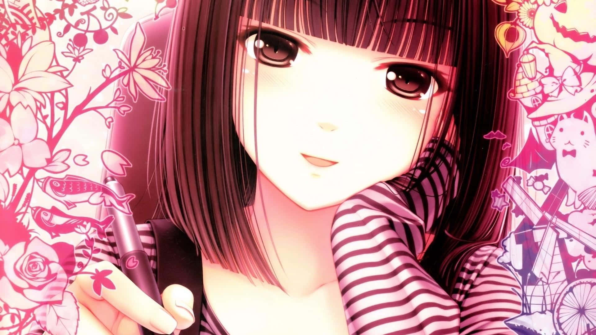 anime girl, striped shirt, dark hair, Full HD Desktop Wallpaper