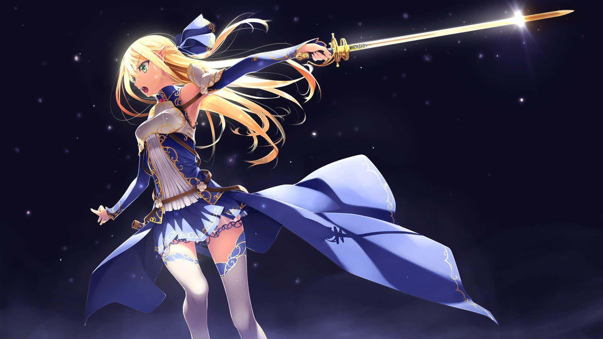 Starry Night Anime Warrior Girl, blonde anime girl, blue armor, Full HD Desktop Wallpaper