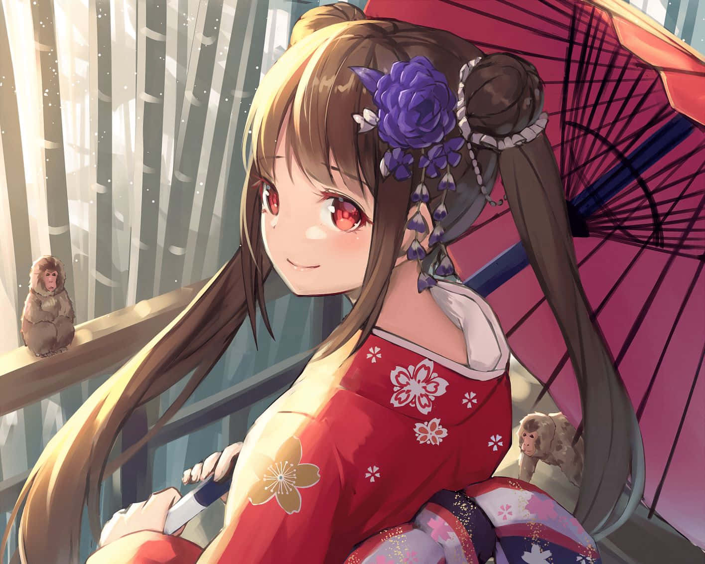 anime girl, red kimono with cherry blossoms, pink umbrella, HD Desktop Wallpaper