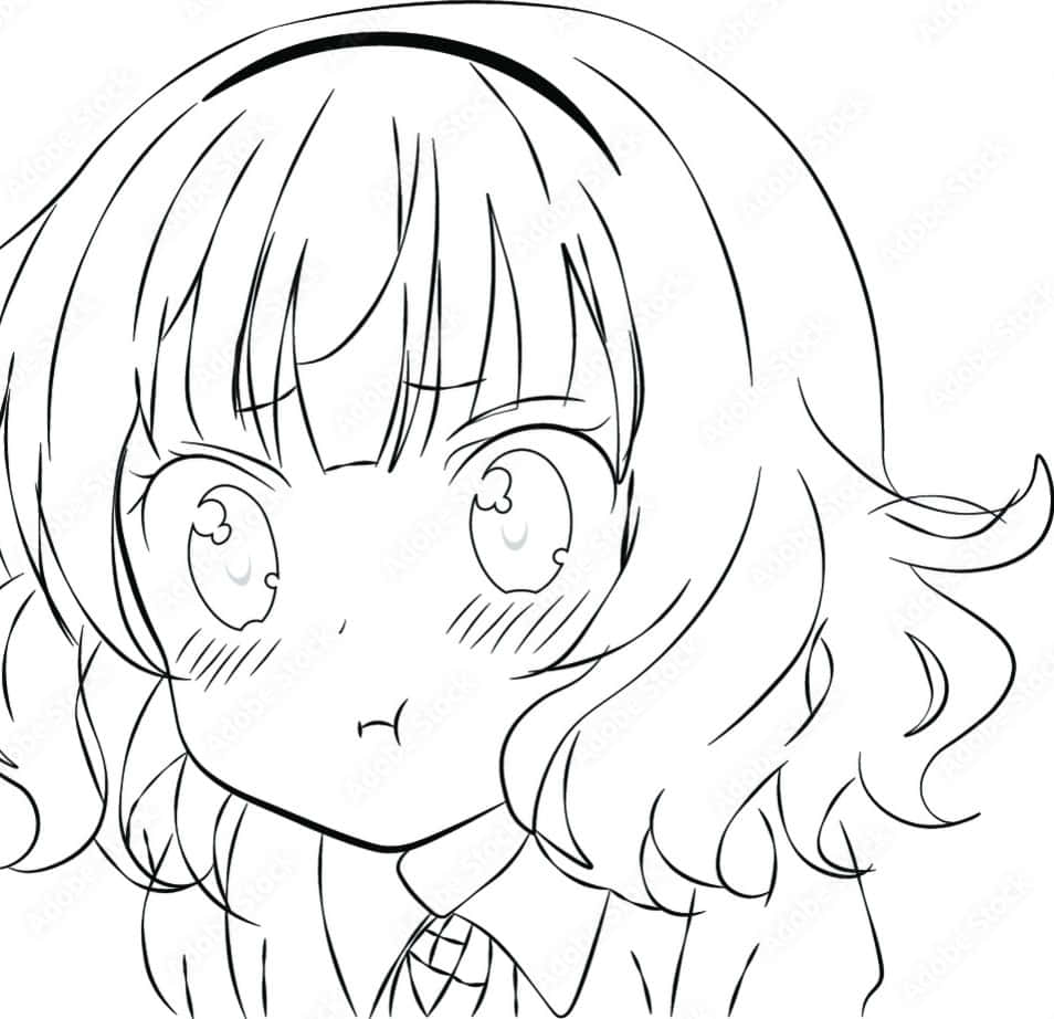 black and white line art sketch, chibi anime girl, large expressive eyes, SD Desktop Wallpaper