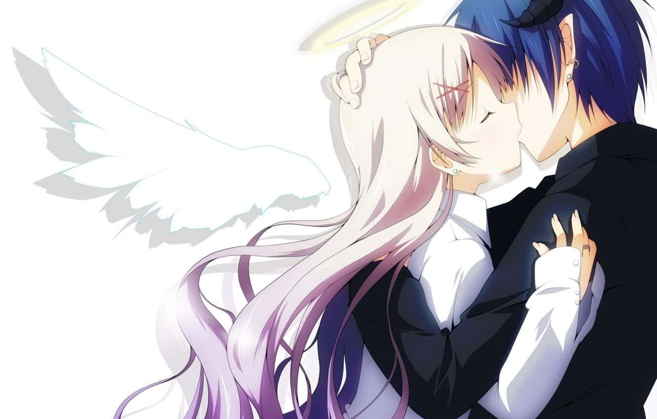 blue-haired anime boy, white-winged girl, purple hair, HD Desktop Wallpaper