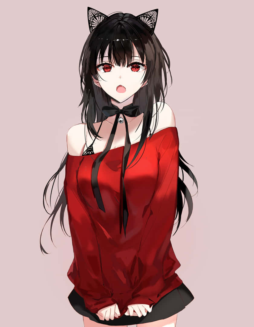 hot anime girl, red eyes, black cat ears, SD Phone Wallpaper