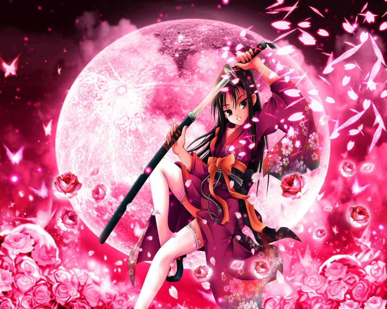Hot Anime, samurai girl, pink kimono, HD Desktop Wallpaper