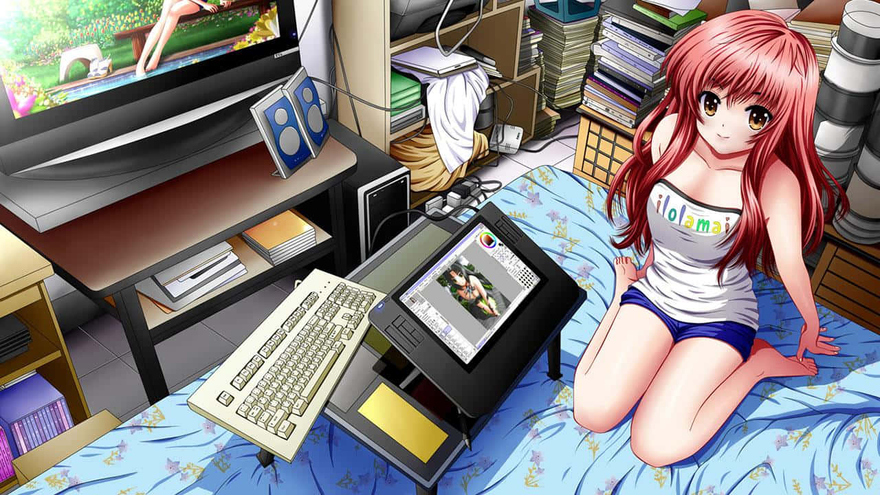 Anime girl, red hair, bed, HD Desktop Wallpaper