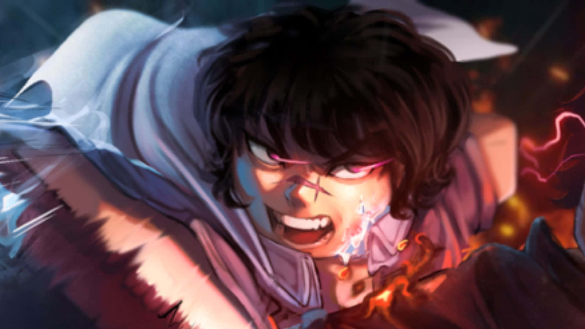intense anime character power up, glowing eyes, torn cloak, Full HD Desktop Wallpaper