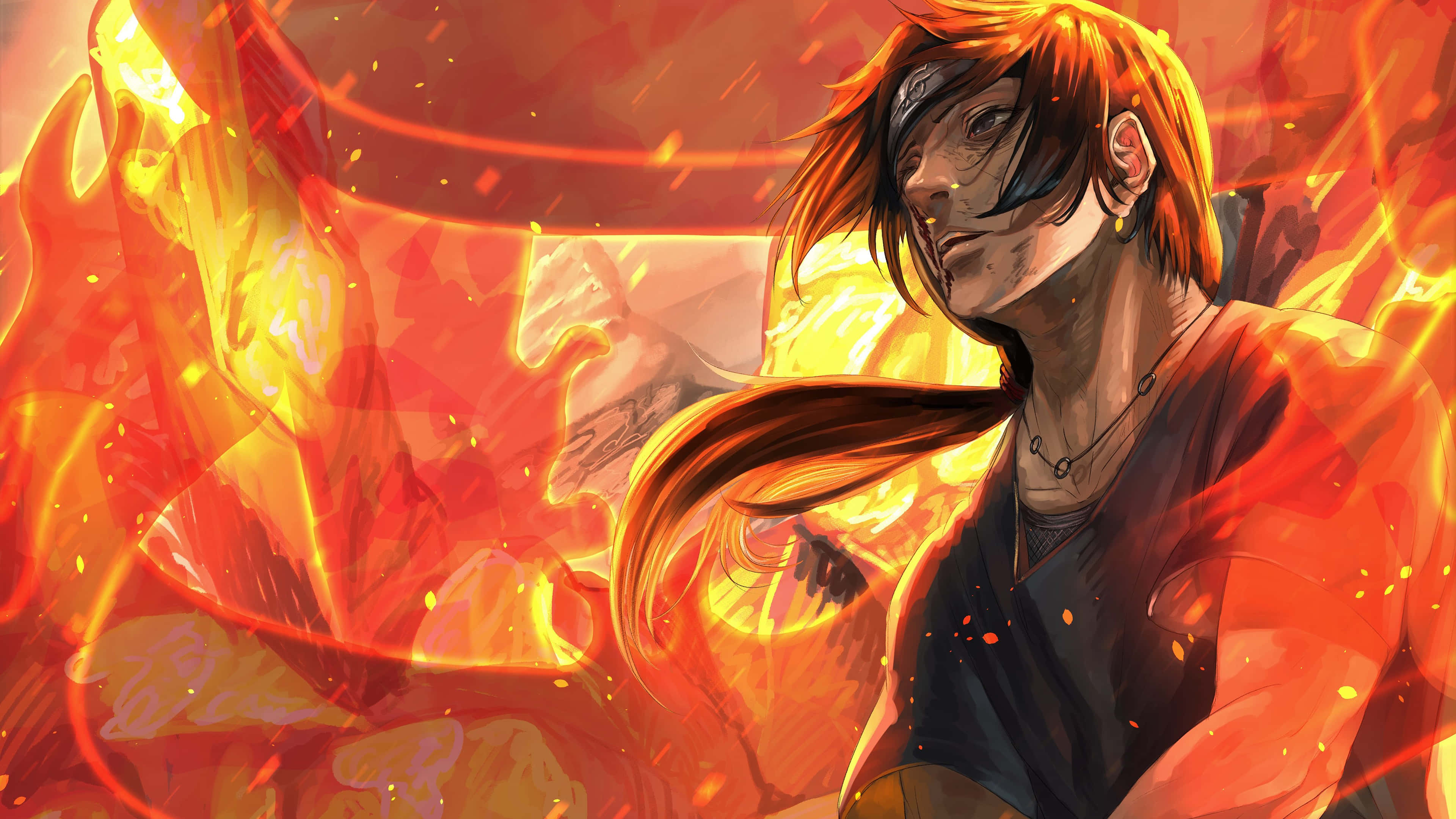 anime fire, orange hair, headband, 4K Desktop Wallpaper
