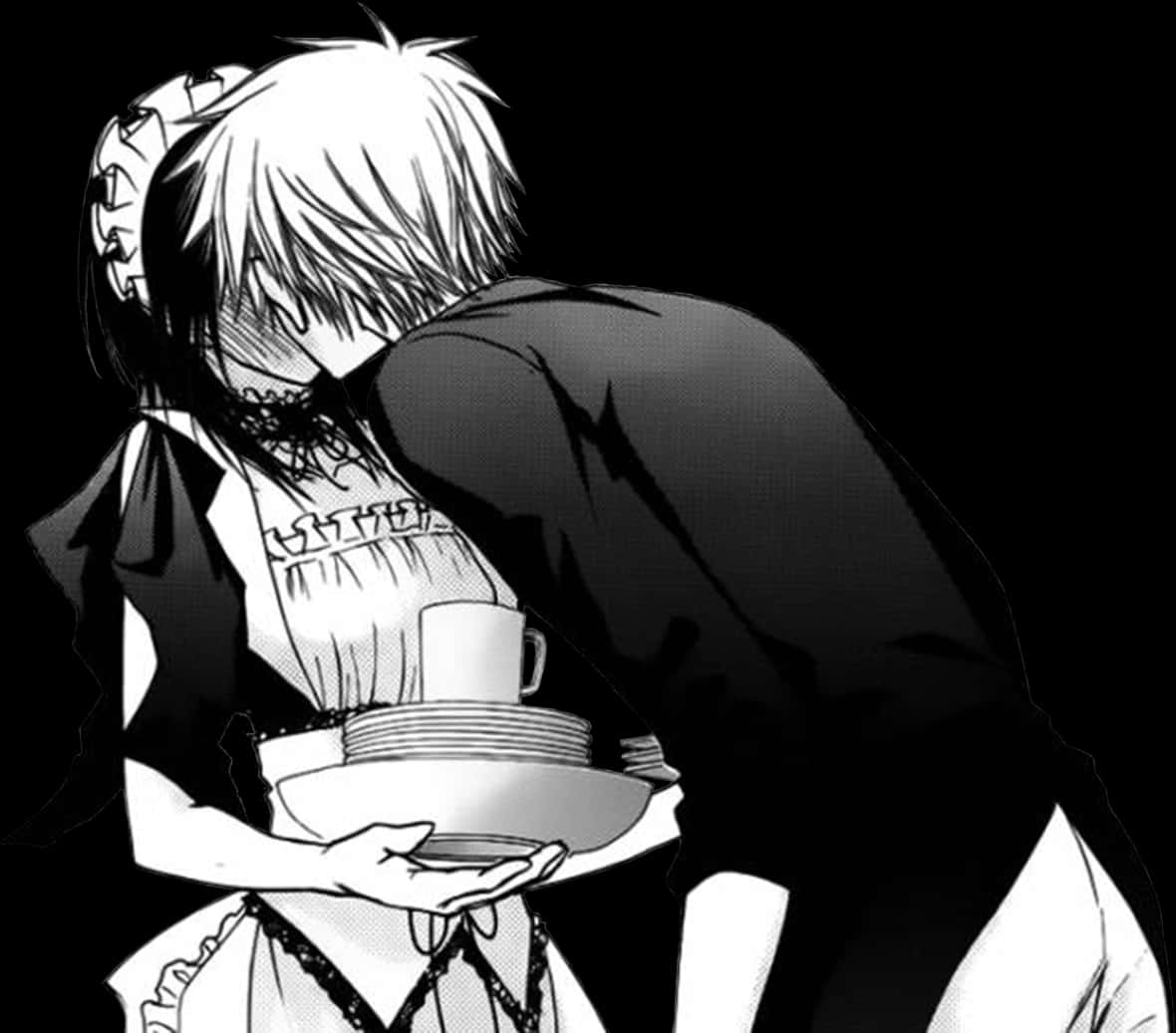 manga maid cafe, black and white anime-style illustration, maid, SD Desktop Wallpaper