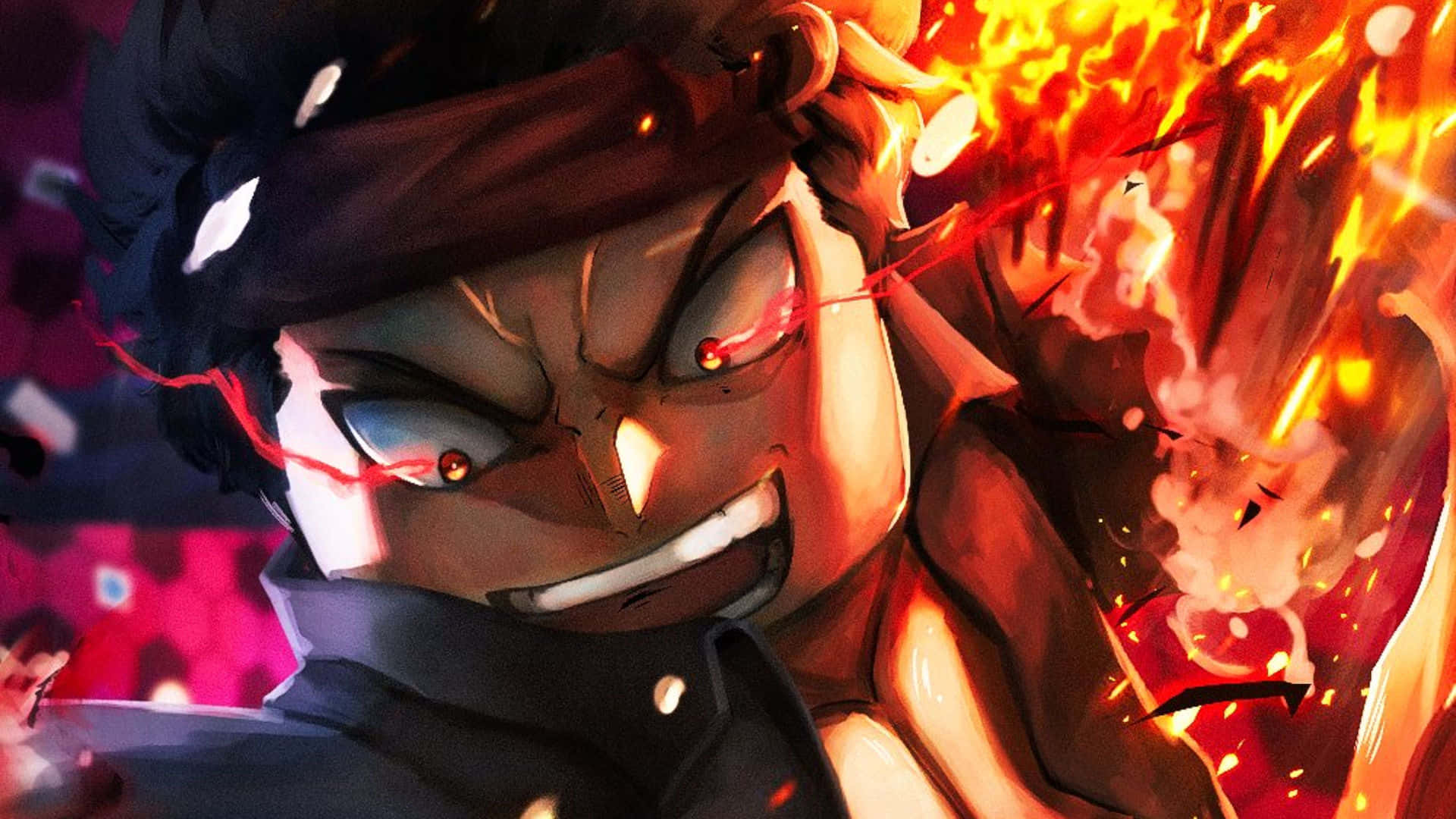 anime character, glowing red eyes, fiery energy, Full HD Desktop Wallpaper